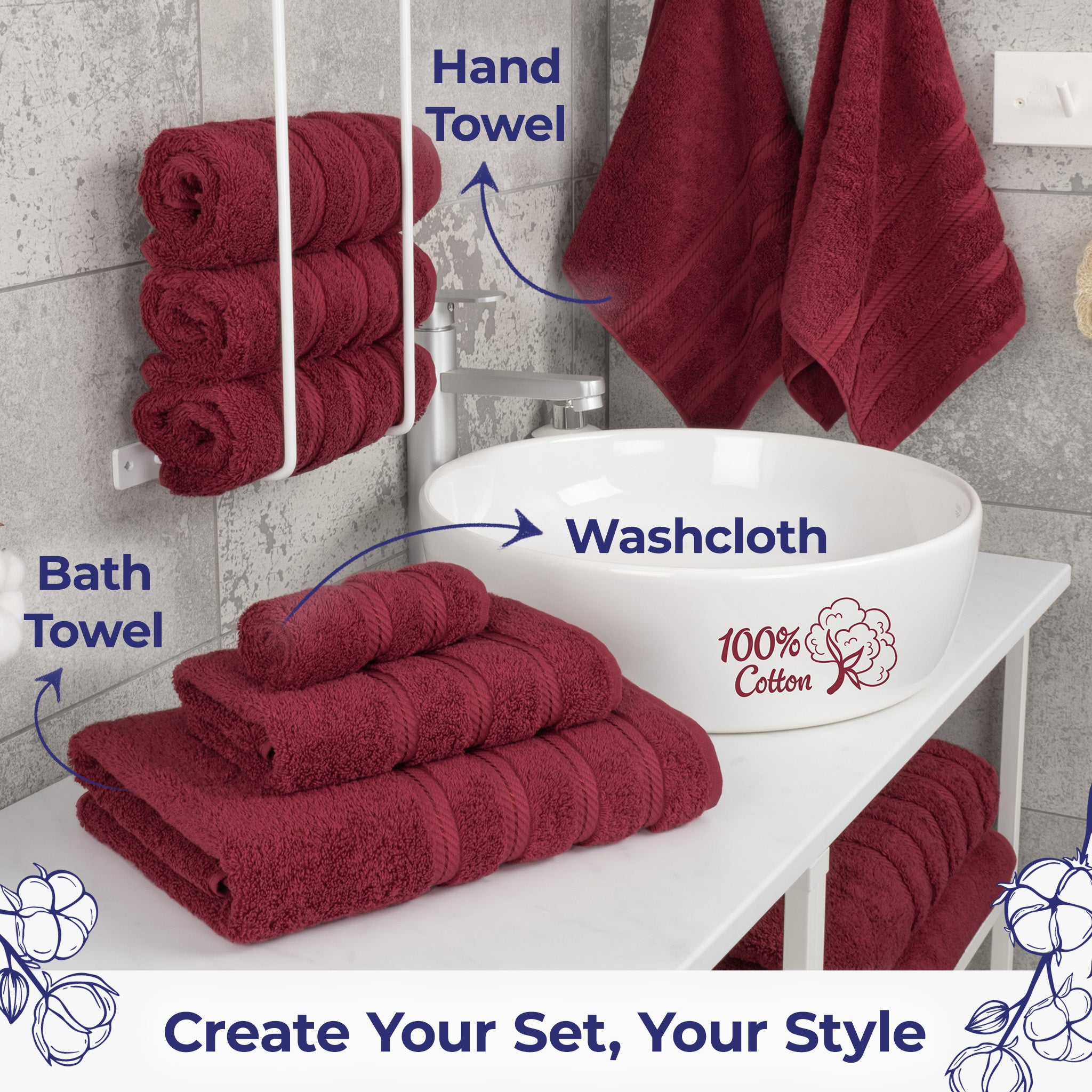 American Soft Linen Single Piece 100% Cotton Turkish Towels with 20 Different Colors, Create Your Set, Bordeaux Red, Hand towels 2