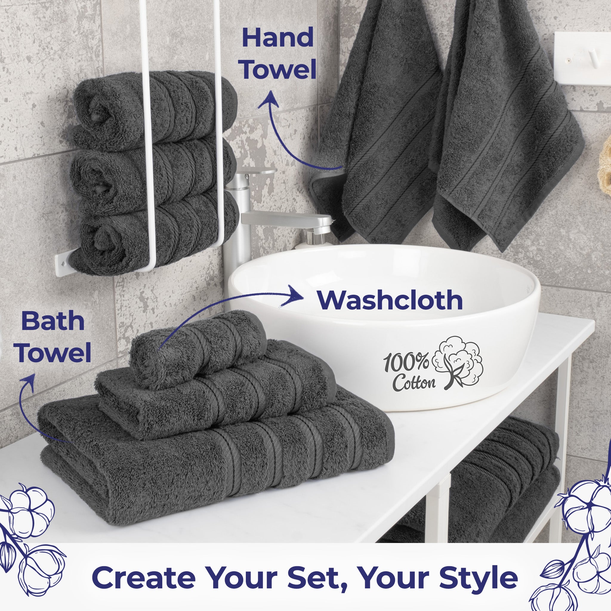 American Soft Linen Single Piece 100% Cotton Turkish Towels with 20 Different Colors, Create Your Set, Gray, Hand towels 2