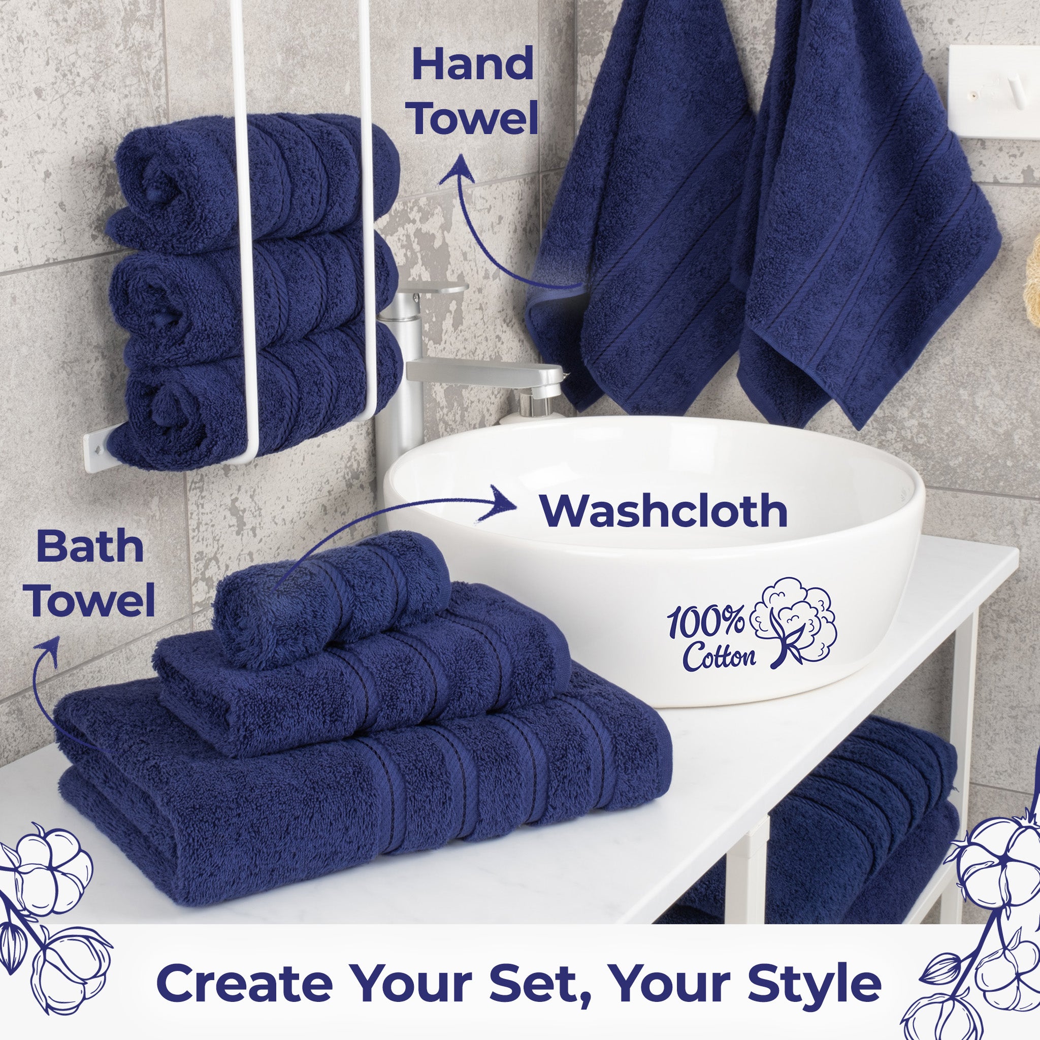 American Soft Linen Single Piece 100% Cotton Turkish Towels with 20 Different Colors, Create Your Set, Navy - Blue, Hand towels 2