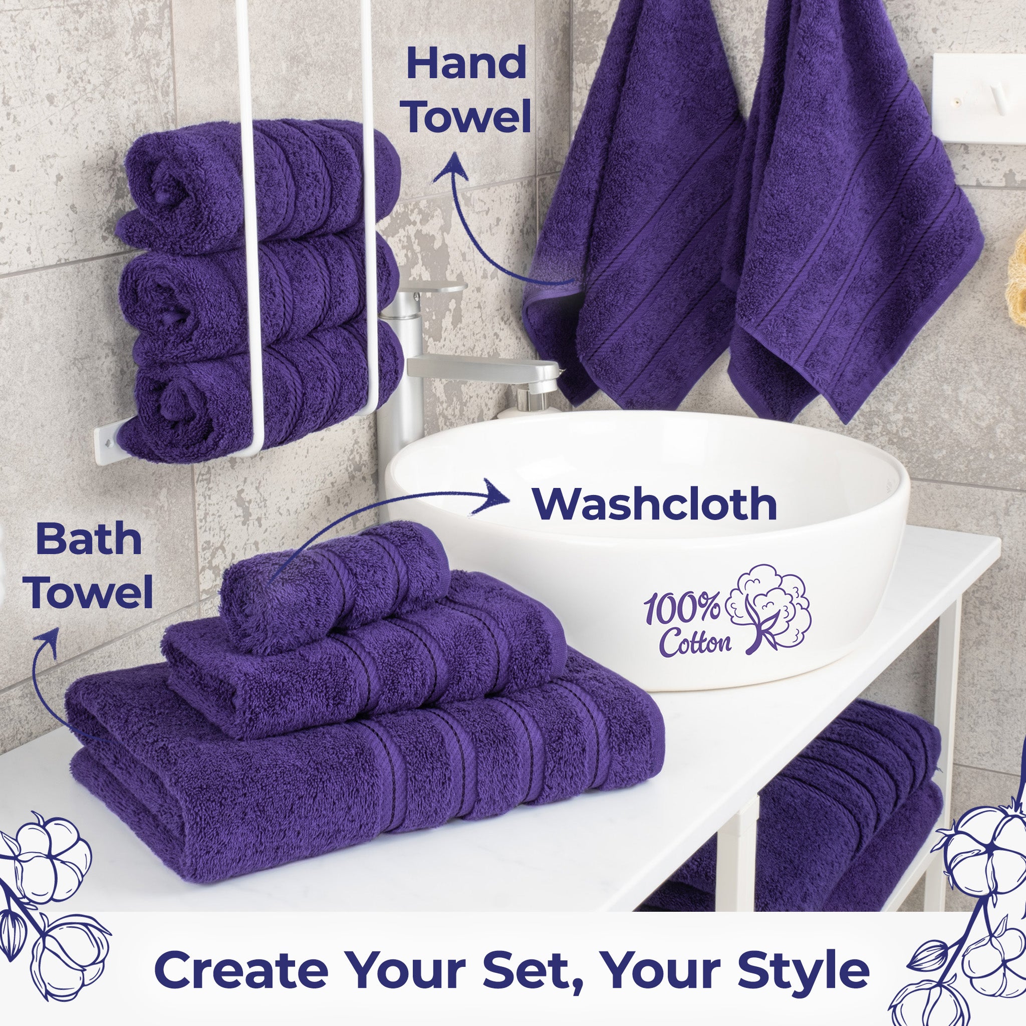 American Soft Linen Single Piece 100% Cotton Turkish Towels with 20 Different Colors, Create Your Set, Purple, Hand towels 2