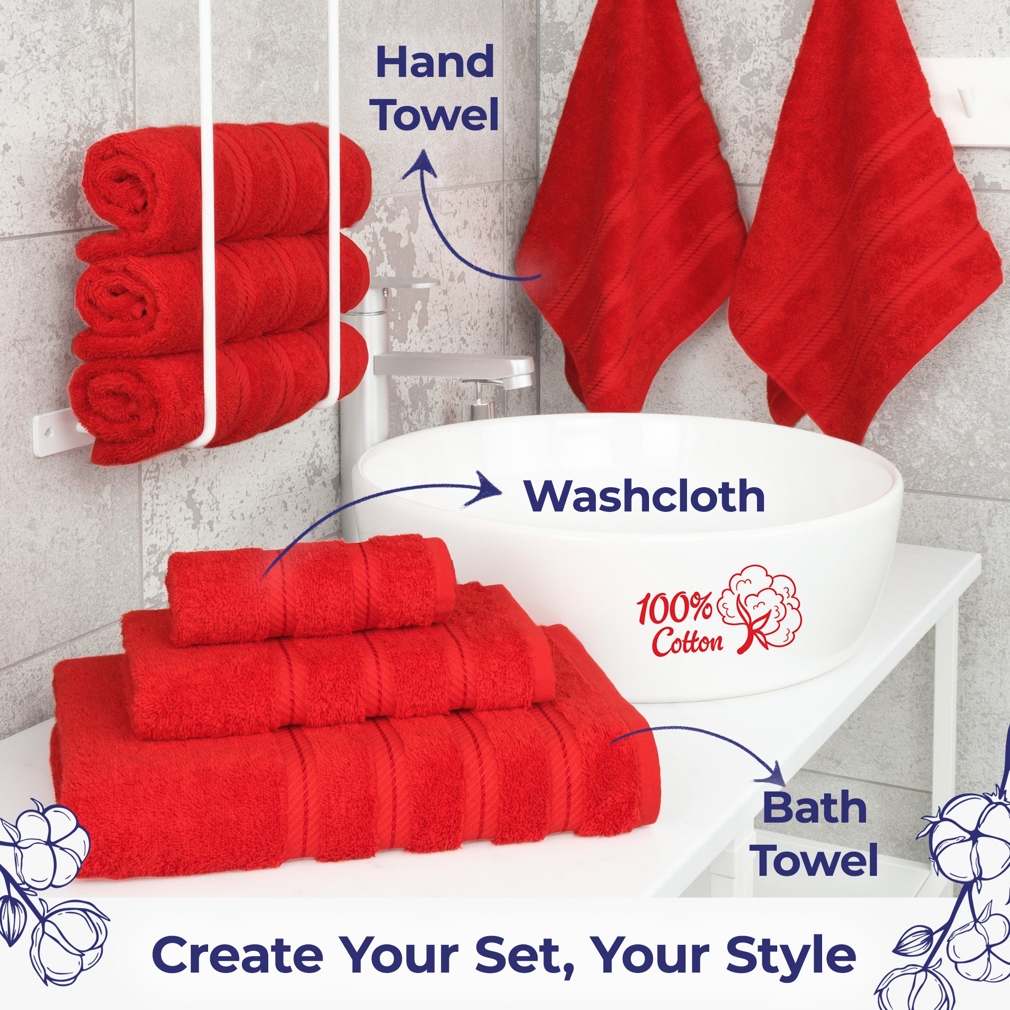 American Soft Linen Single Piece 100% Cotton Turkish Towels with 20 Different Colors, Create Your Set, Red, Hand towels 2
