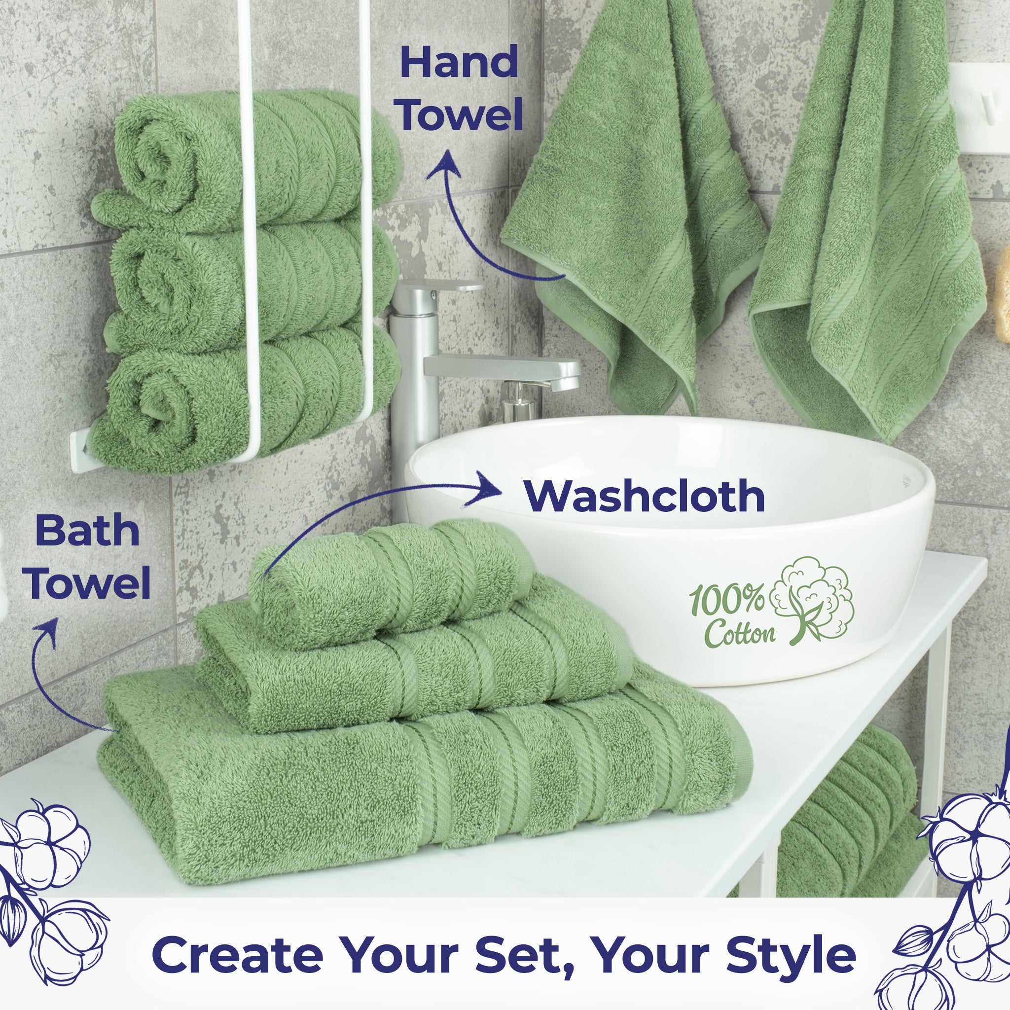 American Soft Linen Single Piece 100% Cotton Turkish Towels with 20 Different Colors, Create Your Set, Sage Green, Hand towels 2