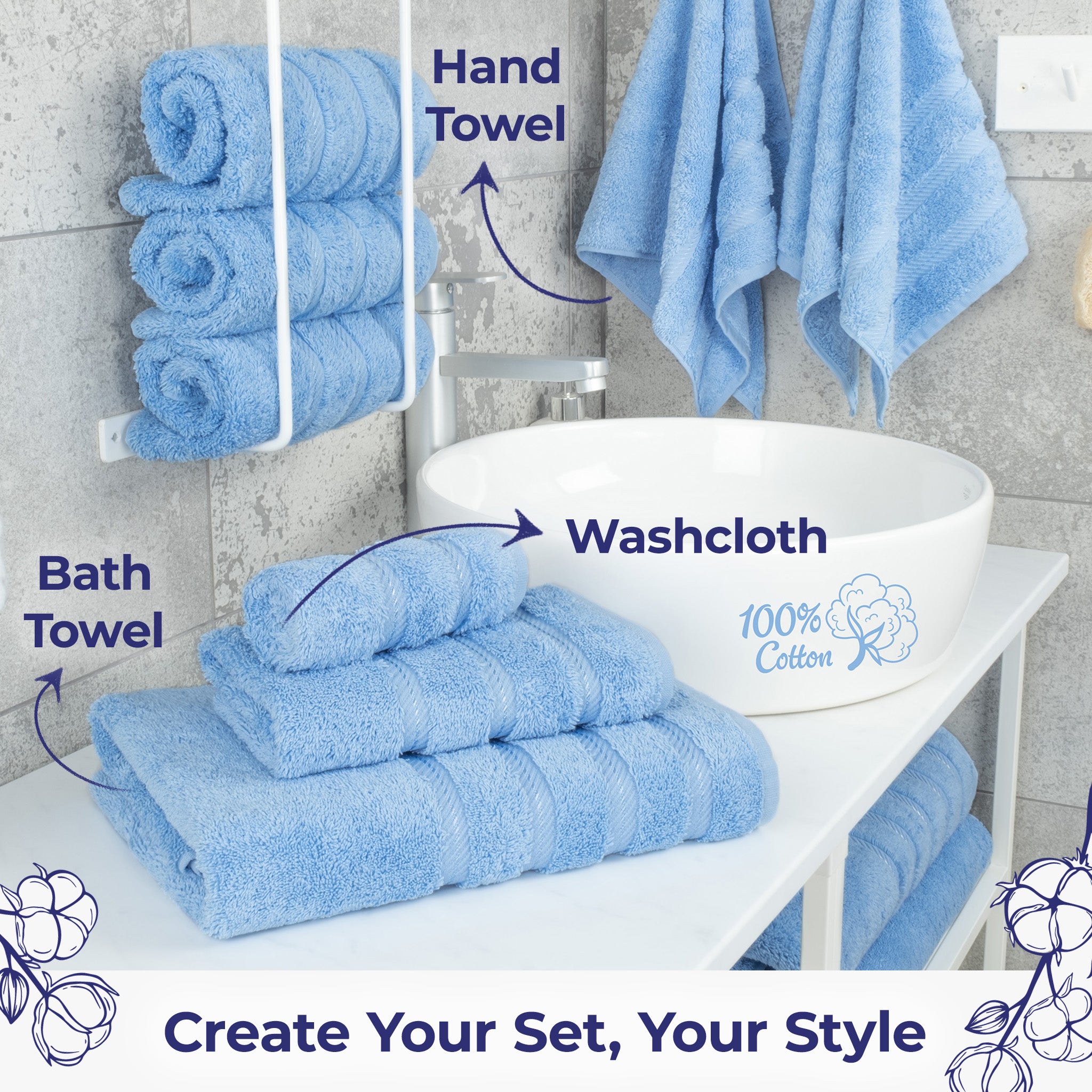 American Soft Linen Single Piece 100% Cotton Turkish Towels with 20 Different Colors, Create Your Set, Sky Blue, Hand towels 2