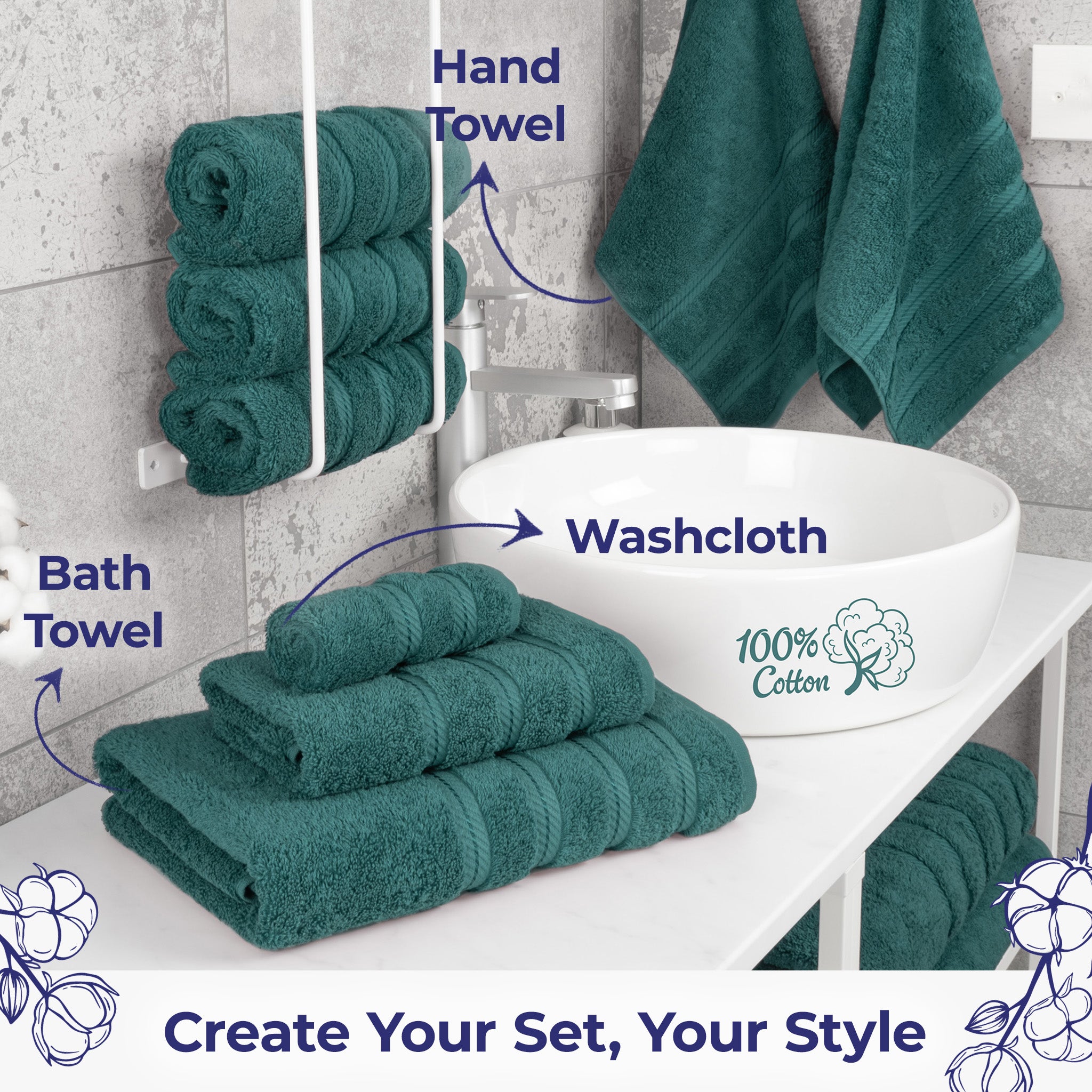 American Soft Linen Single Piece 100% Cotton Turkish Towels with 20 Different Colors, Create Your Set, Teal, Hand towels 2