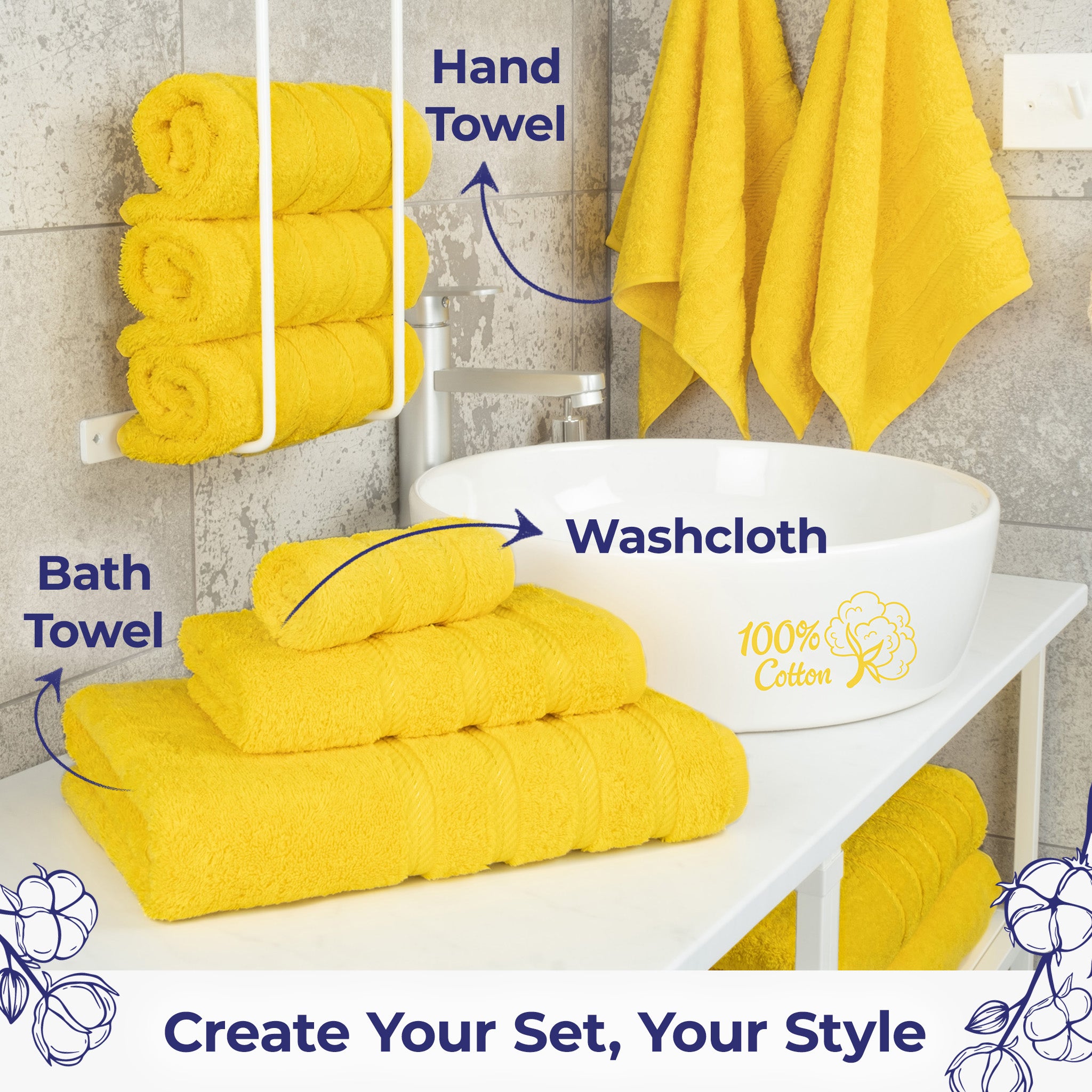 American Soft Linen Single Piece 100% Cotton Turkish Towels with 20 Different Colors, Create Your Set, Yellow, Hand towels 2