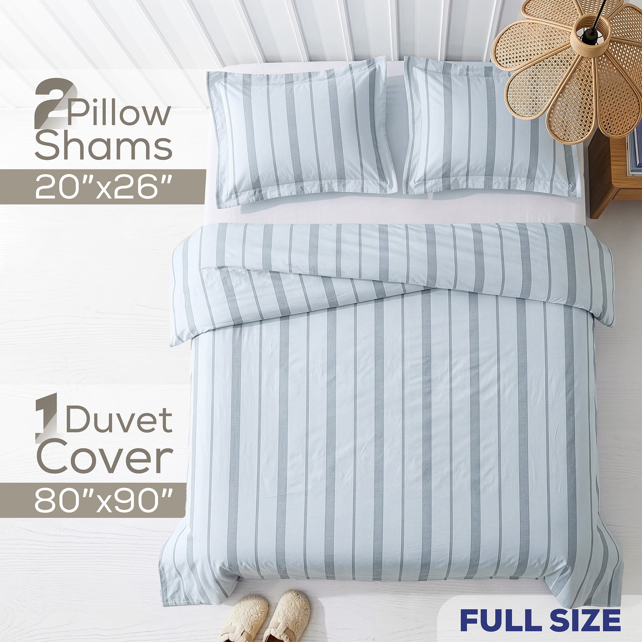 American Soft Linen 100% Washed Cotton Percale Duvet Cover Set – 200TC Yarn-Dyed Striped Bedding with 2 Pillow Shams