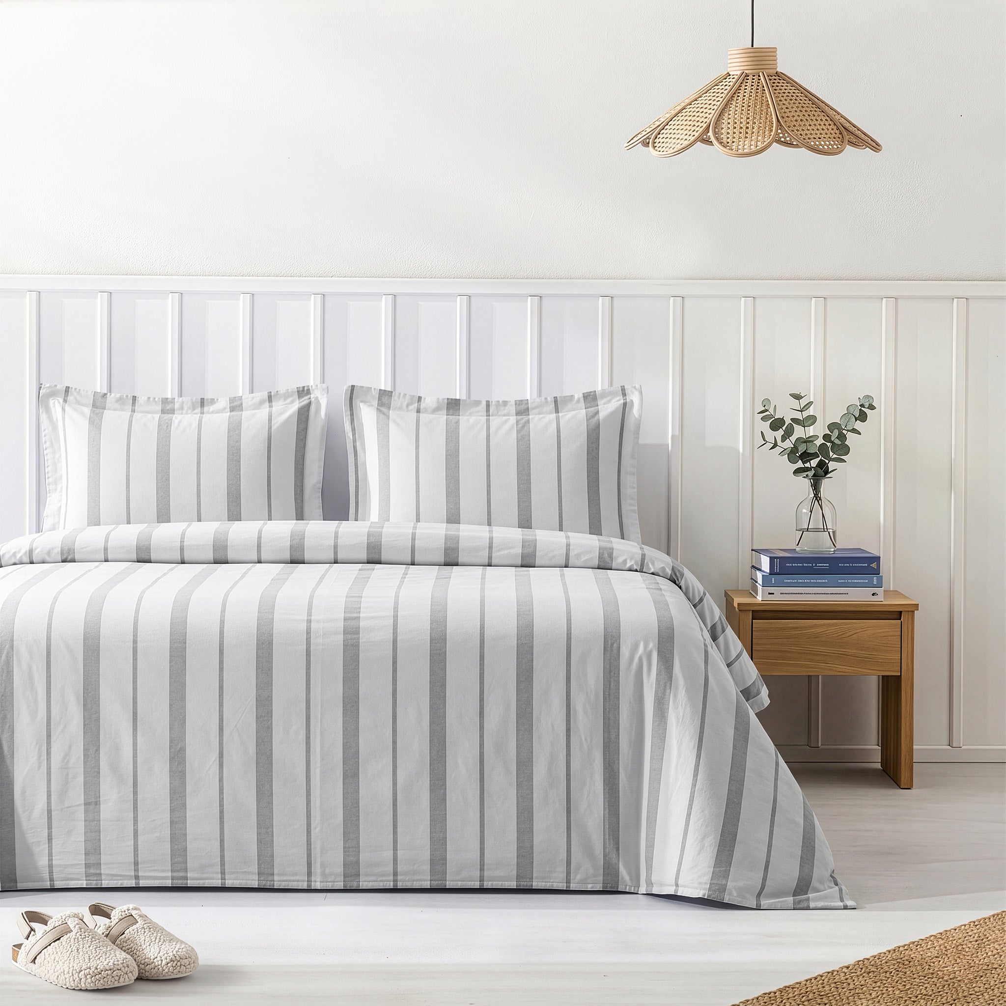 American Soft Linen 100% Washed Cotton Percale Duvet Cover Set – 200TC Yarn-Dyed Striped Bedding with 2 Pillow Shams