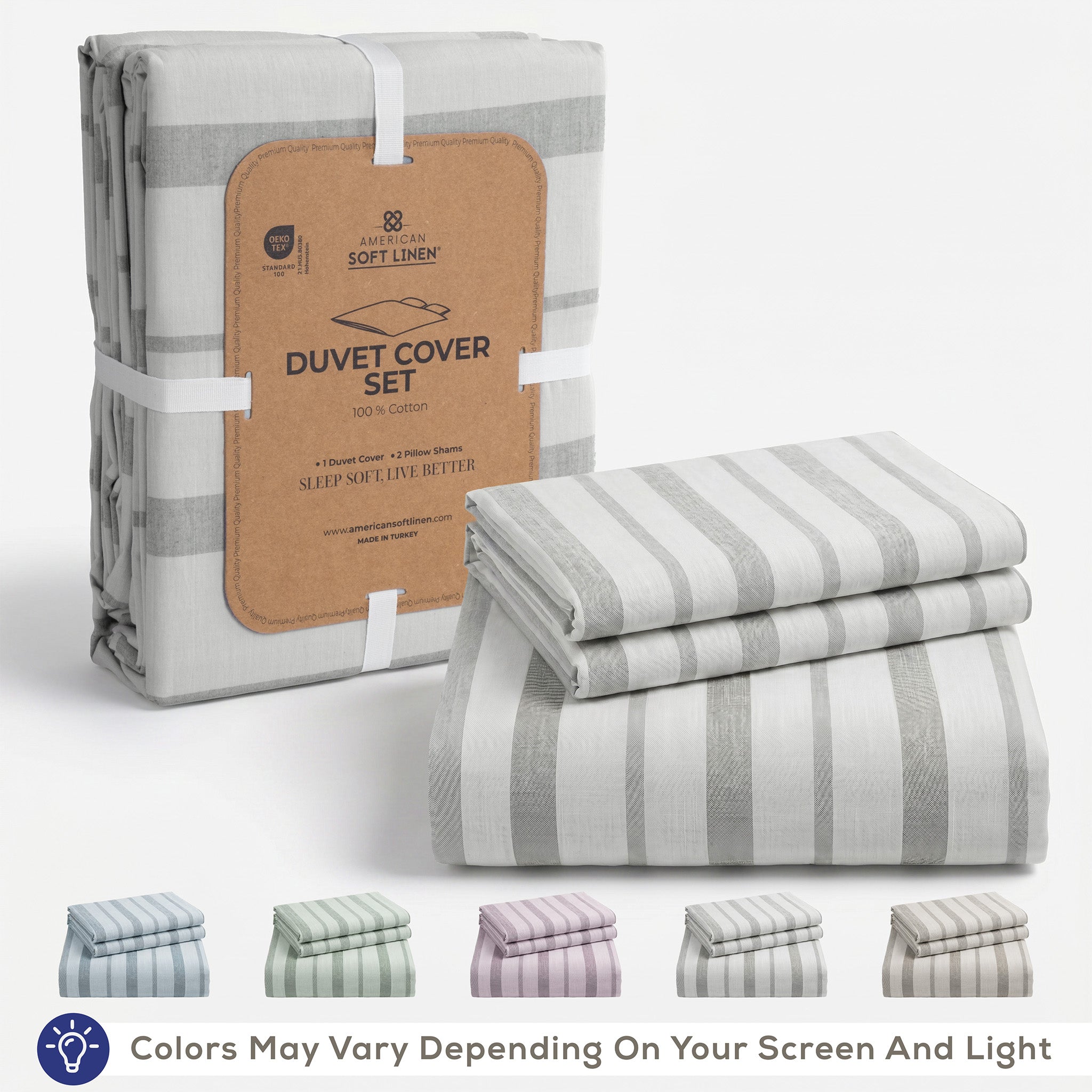 American Soft Linen 100% Washed Cotton Percale Duvet Cover Set – 200TC Yarn-Dyed Striped Bedding with 2 Pillow Shams