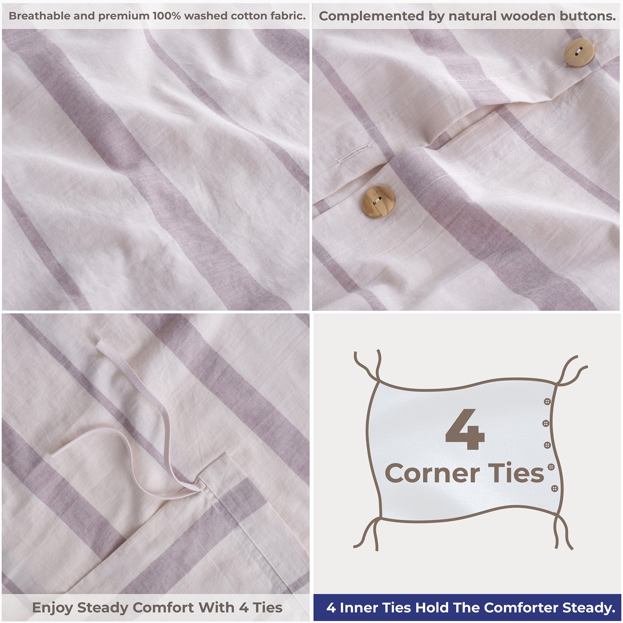 American Soft Linen 100% Washed Cotton Percale Duvet Cover Set – 200TC Yarn-Dyed Striped Bedding with 2 Pillow Shams
