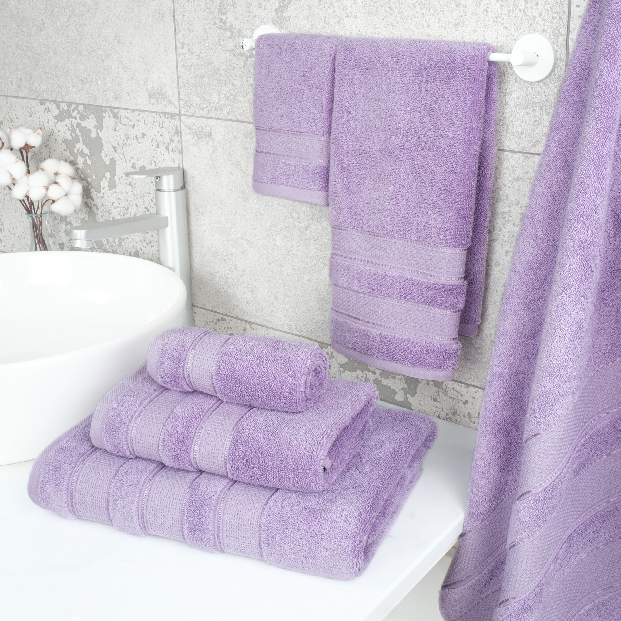 American Soft Linen Salem 6 Piece Bath Towel Set, 100% Turkish Combed Cotton, Lilac, Purple