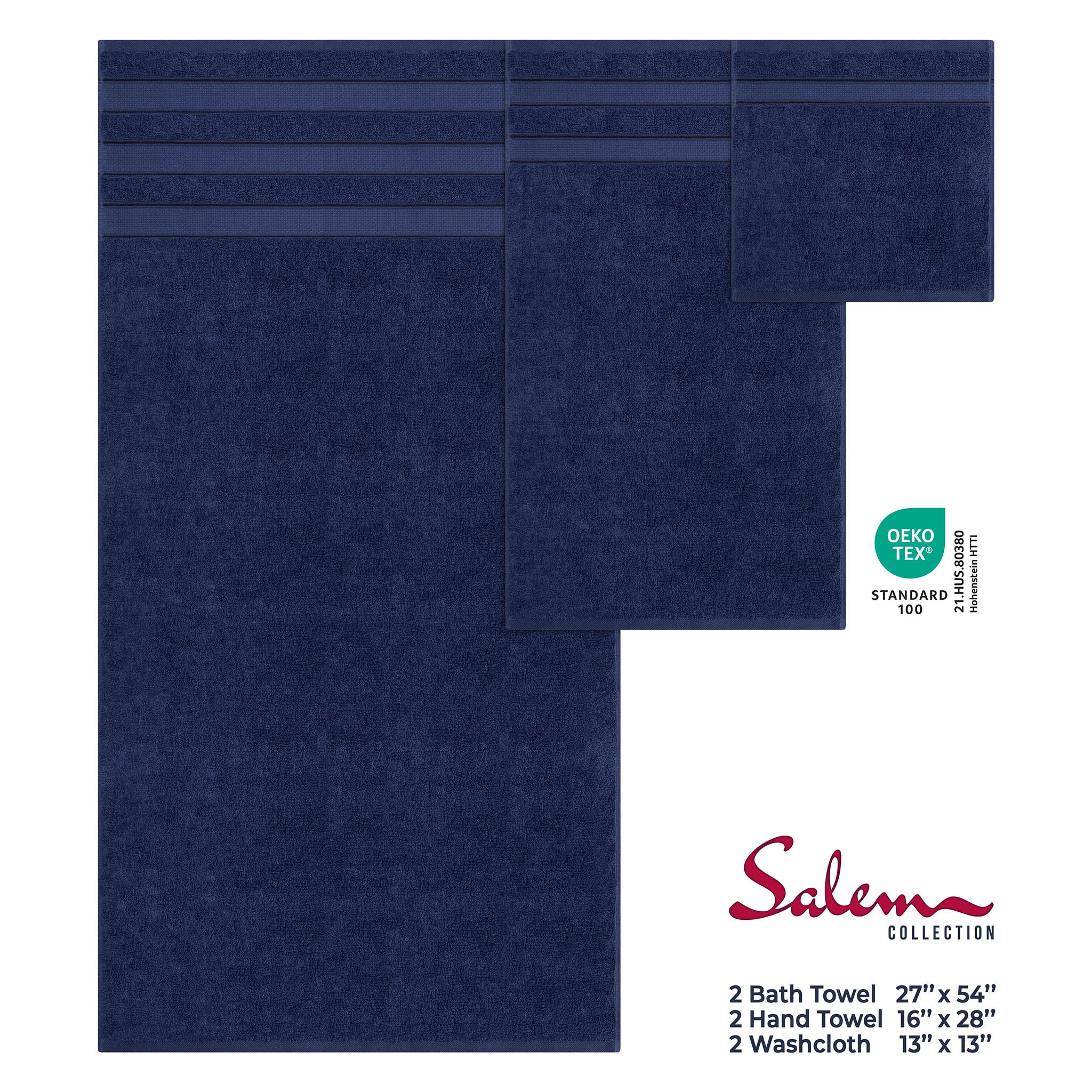 Salem 6 Piece 100% Turkish Combed Cotton Luxury Bath Towel Set - navy-blue-4
