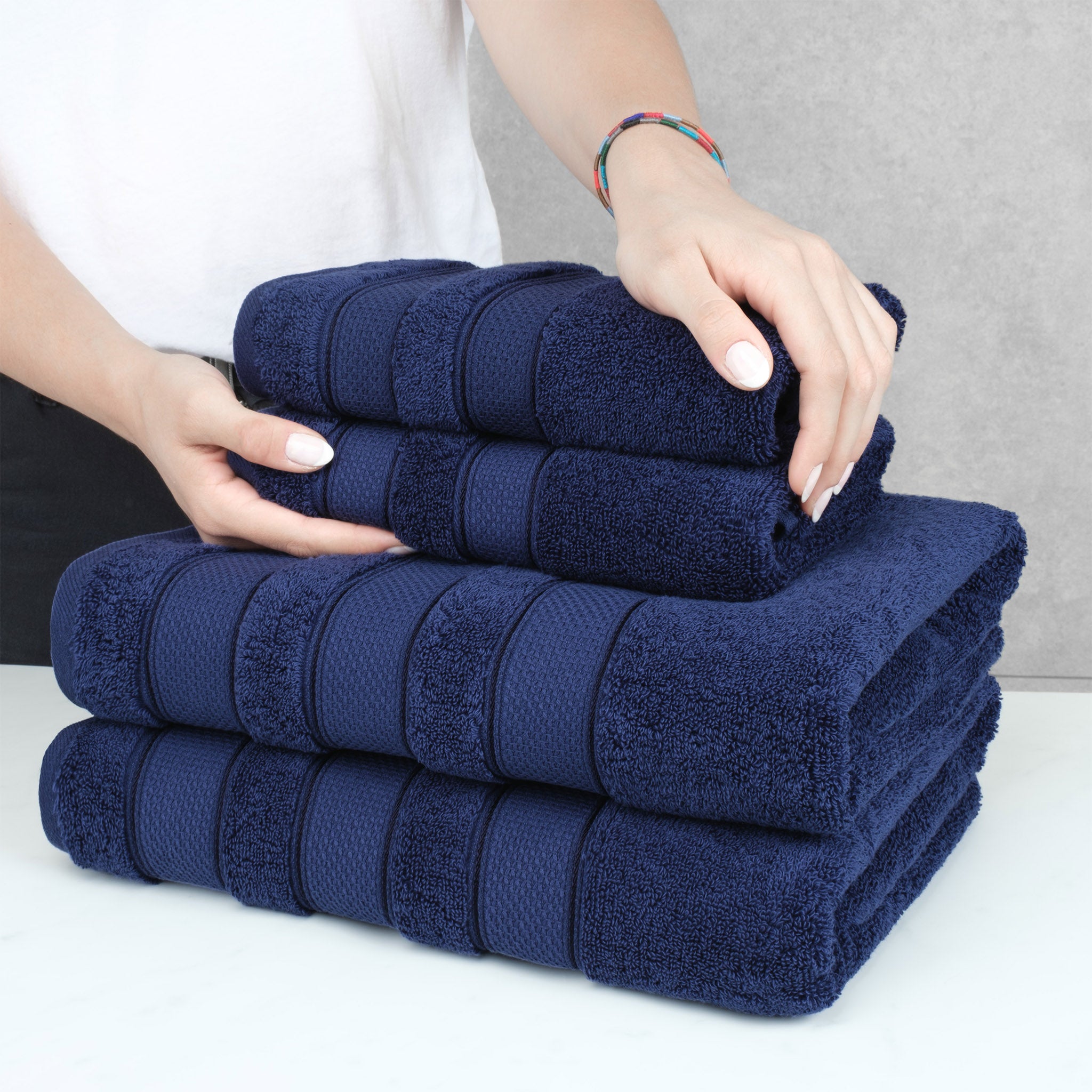 Salem 6 Piece 100% Turkish Combed Cotton Luxury Bath Towel Set - navy-blue-6