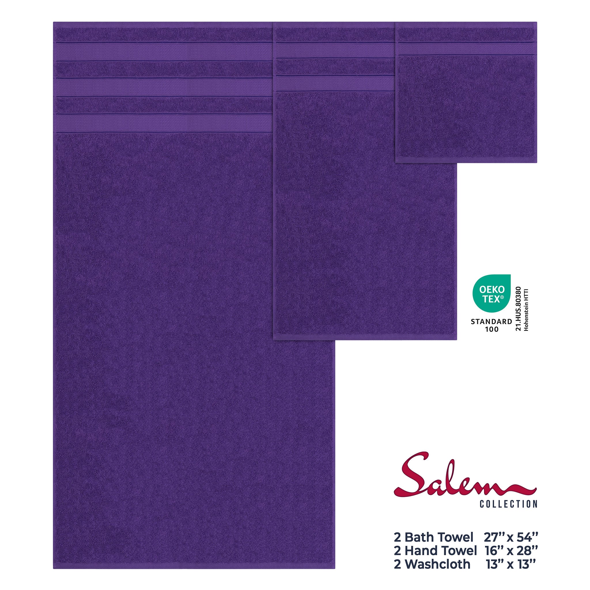 Salem 6 Piece 100% Turkish Combed Cotton Luxury Bath Towel Set - purple-4
