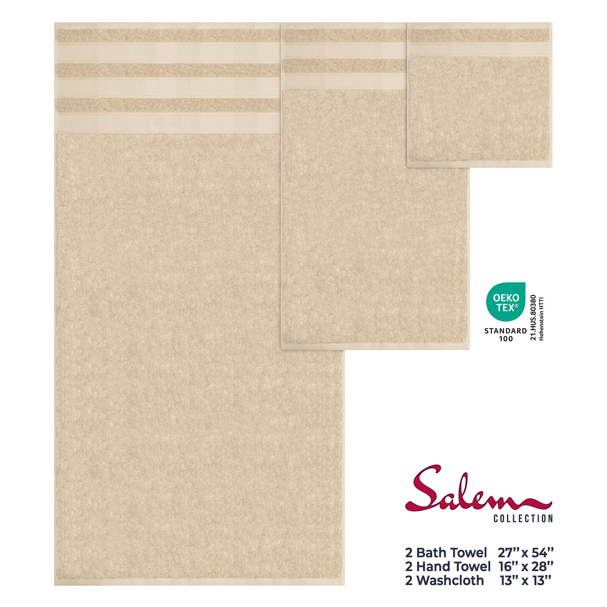 Salem 6 Piece 100% Turkish Combed Cotton Luxury Bath Towel Set - sand-taupe-4
