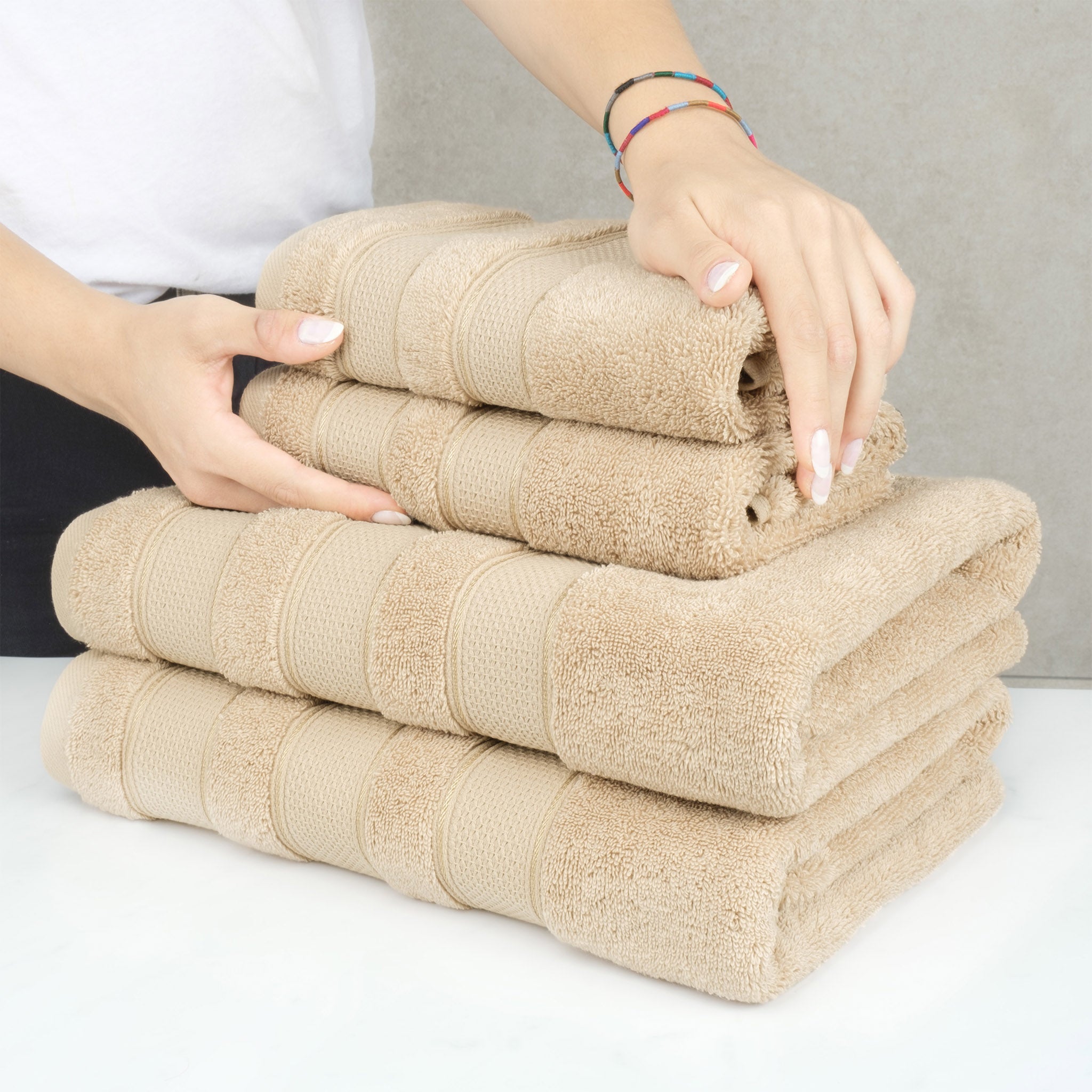American Soft Linen Salem 6 Piece Towel Set, 100% Cotton Bath Towels for Bathroom, Sand Taupe