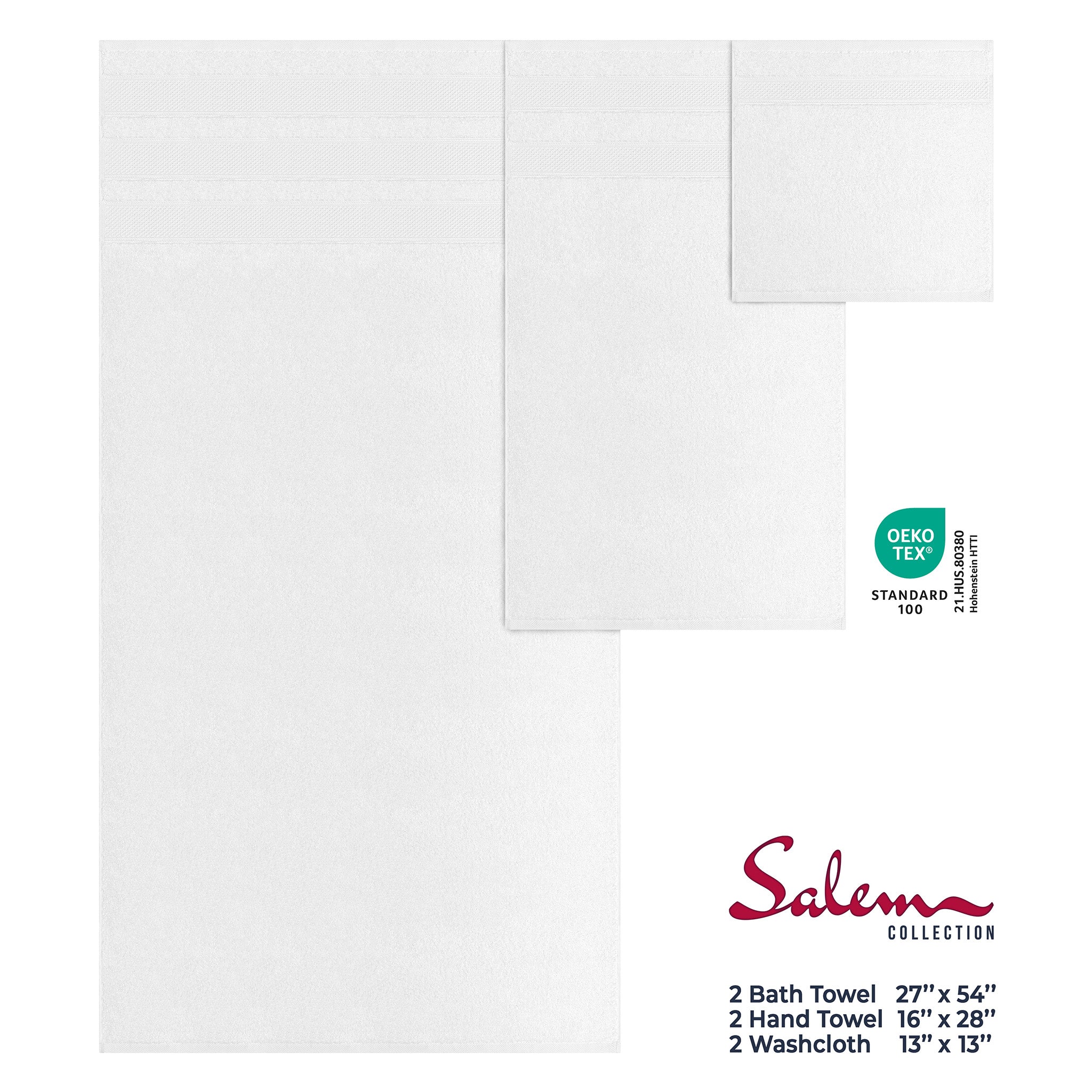 Salem 6 Piece 100% Turkish Combed Cotton Luxury Bath Towel Set - white-4