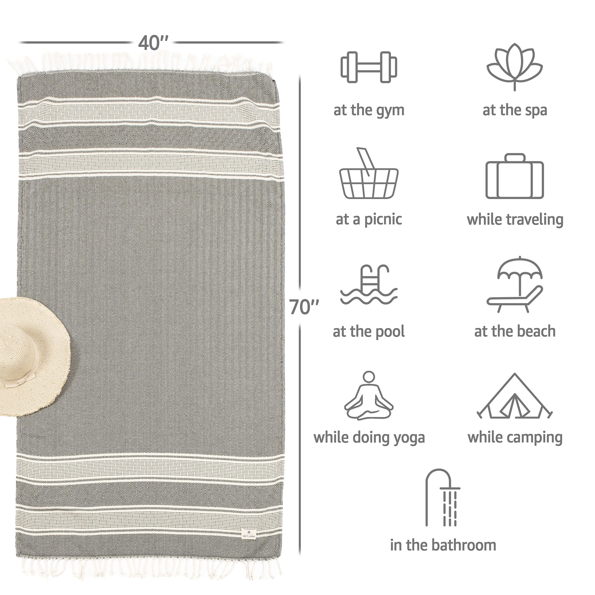 American Soft Linen - 100% Cotton Turkish Peshtemal Towels 40x70 Inches - Black-Striped - 4