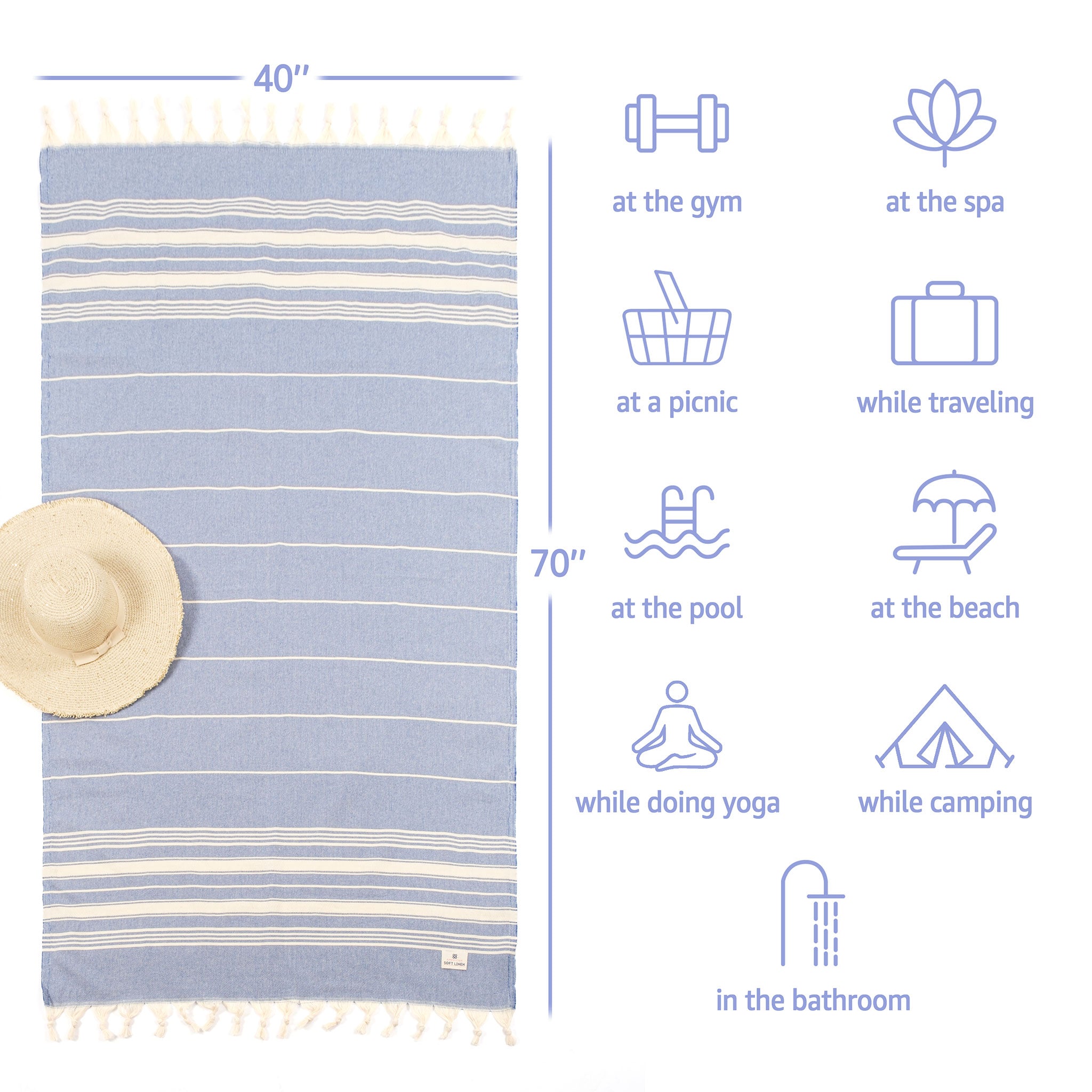 American Soft Linen - 100% Cotton Turkish Peshtemal Towels 40x70 Inches - Blue - 4