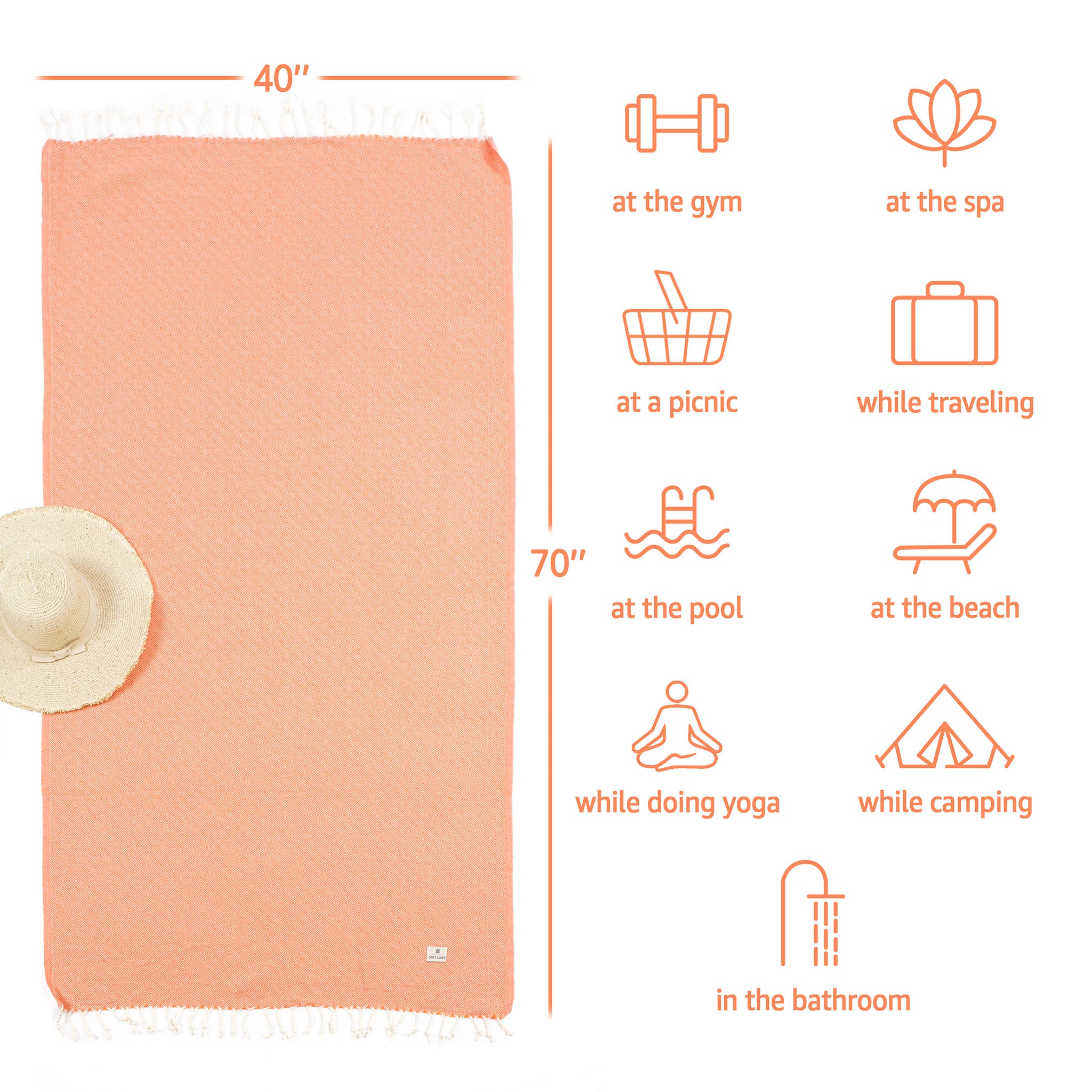 American Soft Linen - 100% Cotton Turkish Peshtemal Towels 40x70 Inches - Orange - 4