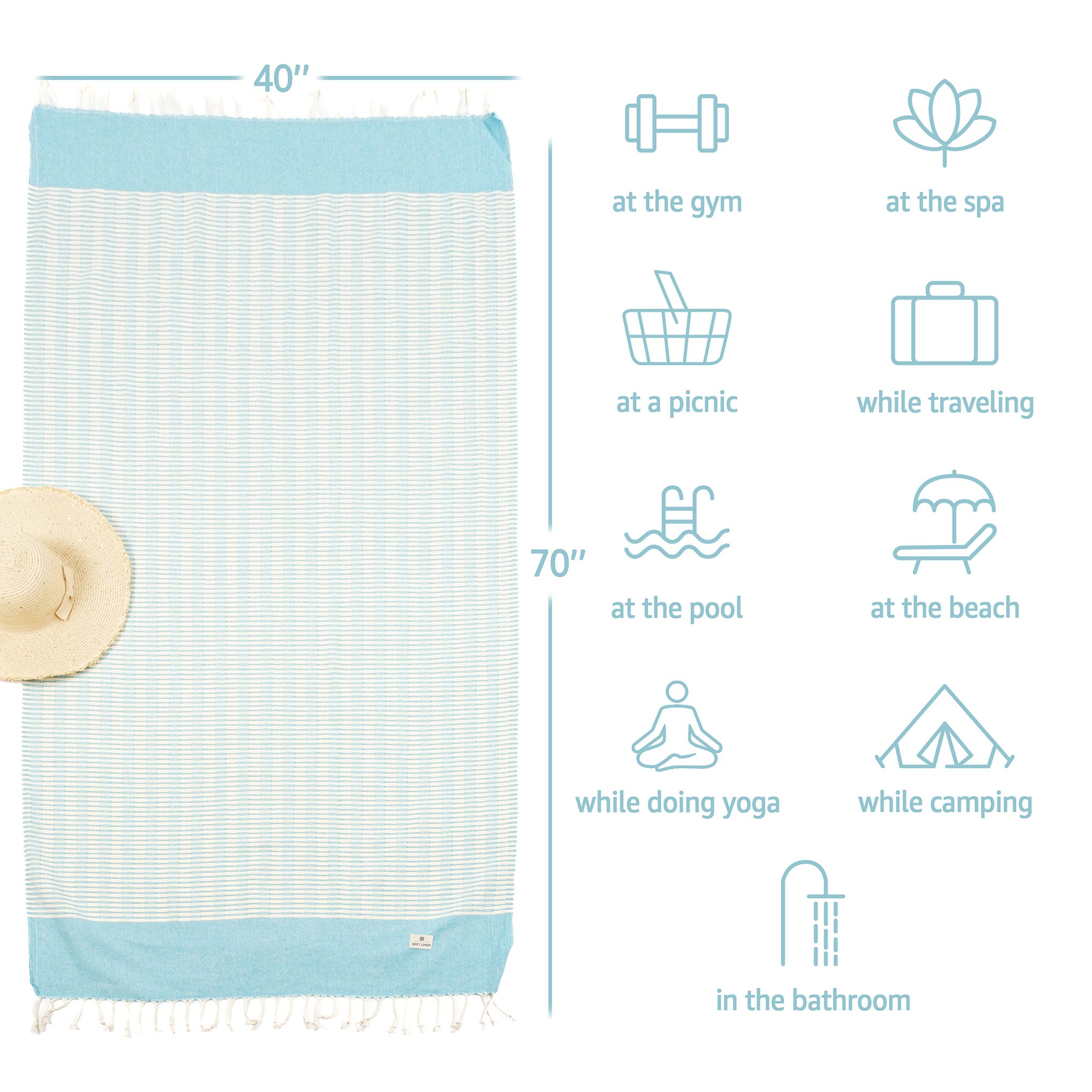 American Soft Linen - 100% Cotton Turkish Peshtemal Towels 40x70 Inches - Turquoise - 4