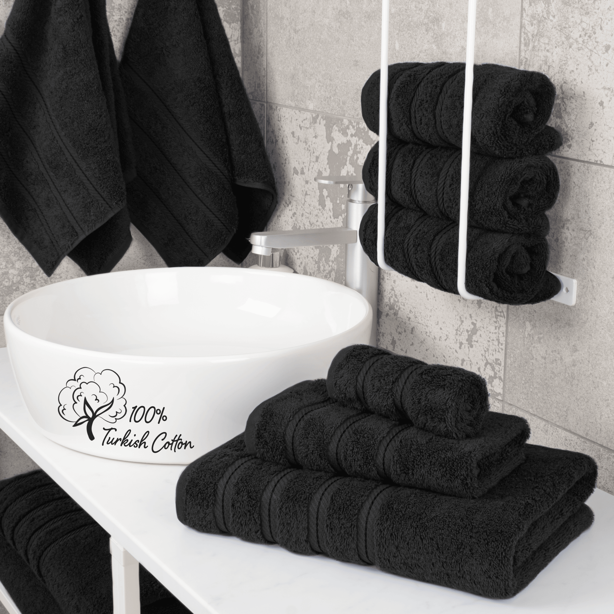 3 Piece Turkish Towel Set for Bathroom, 1 Bath Towel, 2 Hand Towels, Off  White Cotton Bath Towels with Black Stripes,Turkish Peshtemal Towel and  Hand