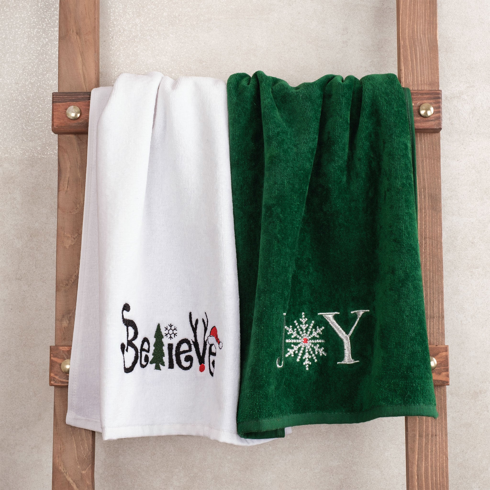 American Soft Linen - Christmas Towels 2  Packed Embroidered Towels for Decor Xmas - 60 Set Case Pack - Joy-Believe - 1