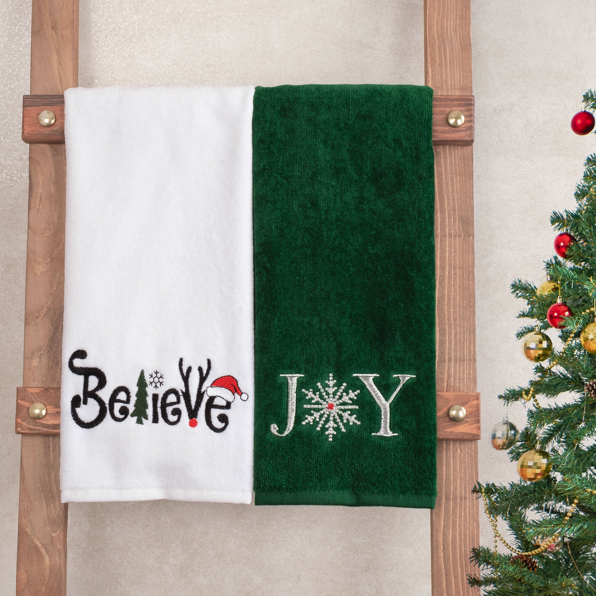 American Soft Linen - Christmas Towels 2  Packed Embroidered Towels for Decor Xmas - 60 Set Case Pack - Joy-Believe - 2