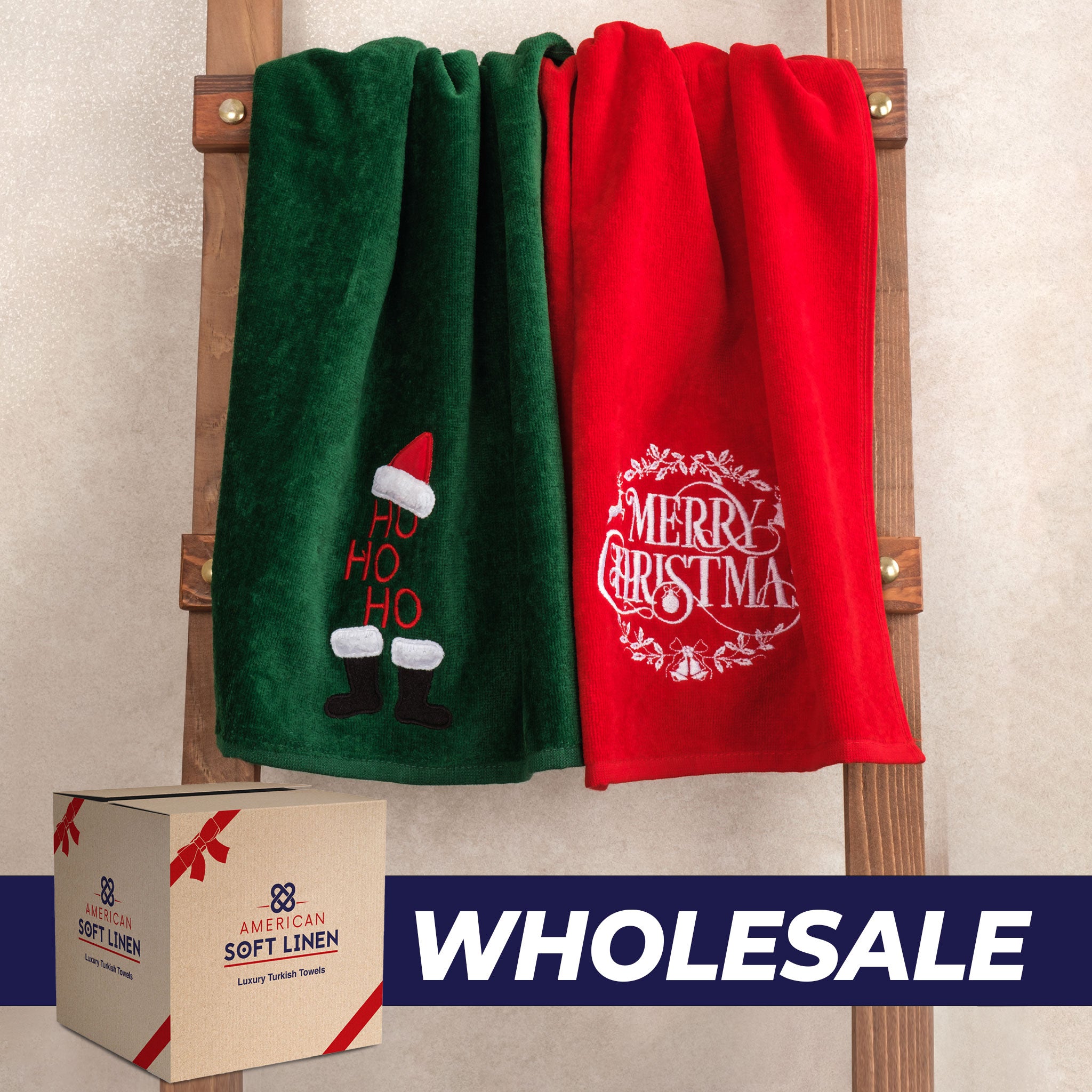 American Soft Linen - Christmas Towels 2  Packed Embroidered Towels for Decor Xmas - 60 Set Case Pack - Merry-Hoho - 0