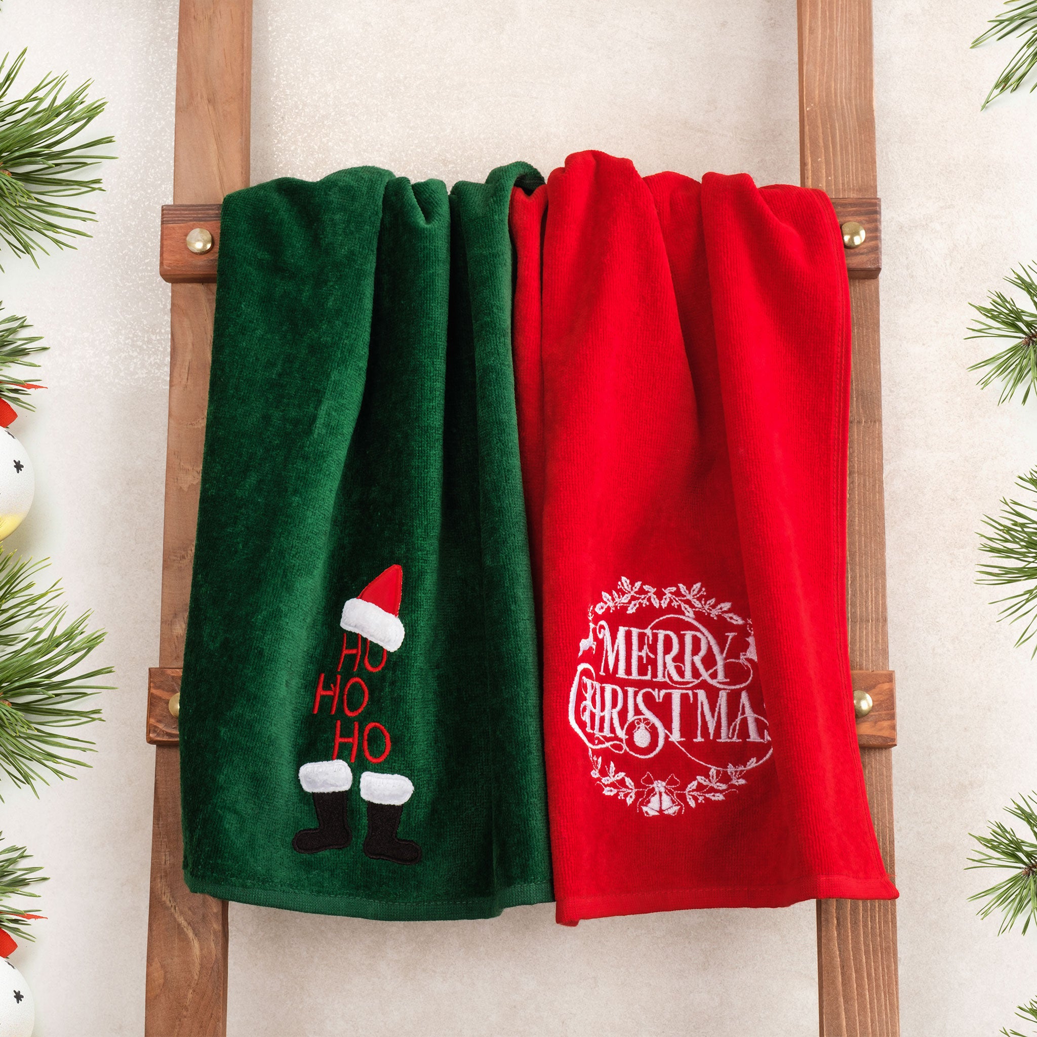 American Soft Linen - Christmas Towels 2  Packed Embroidered Towels for Decor Xmas - 60 Set Case Pack - Merry-Hoho - 3