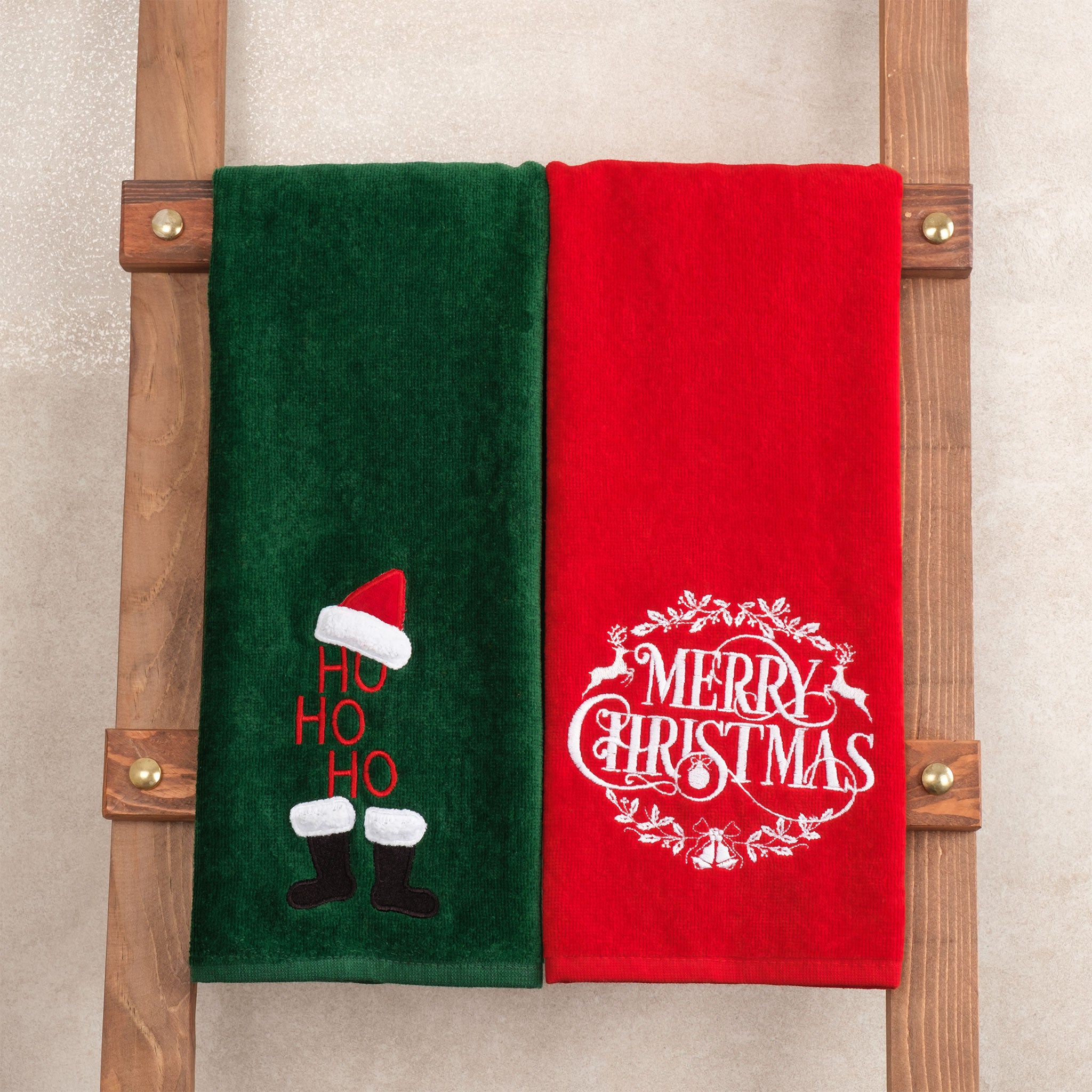 American Soft Linen - Christmas Towels 2  Packed Embroidered Towels for Decor Xmas - 60 Set Case Pack - Merry-Hoho - 6