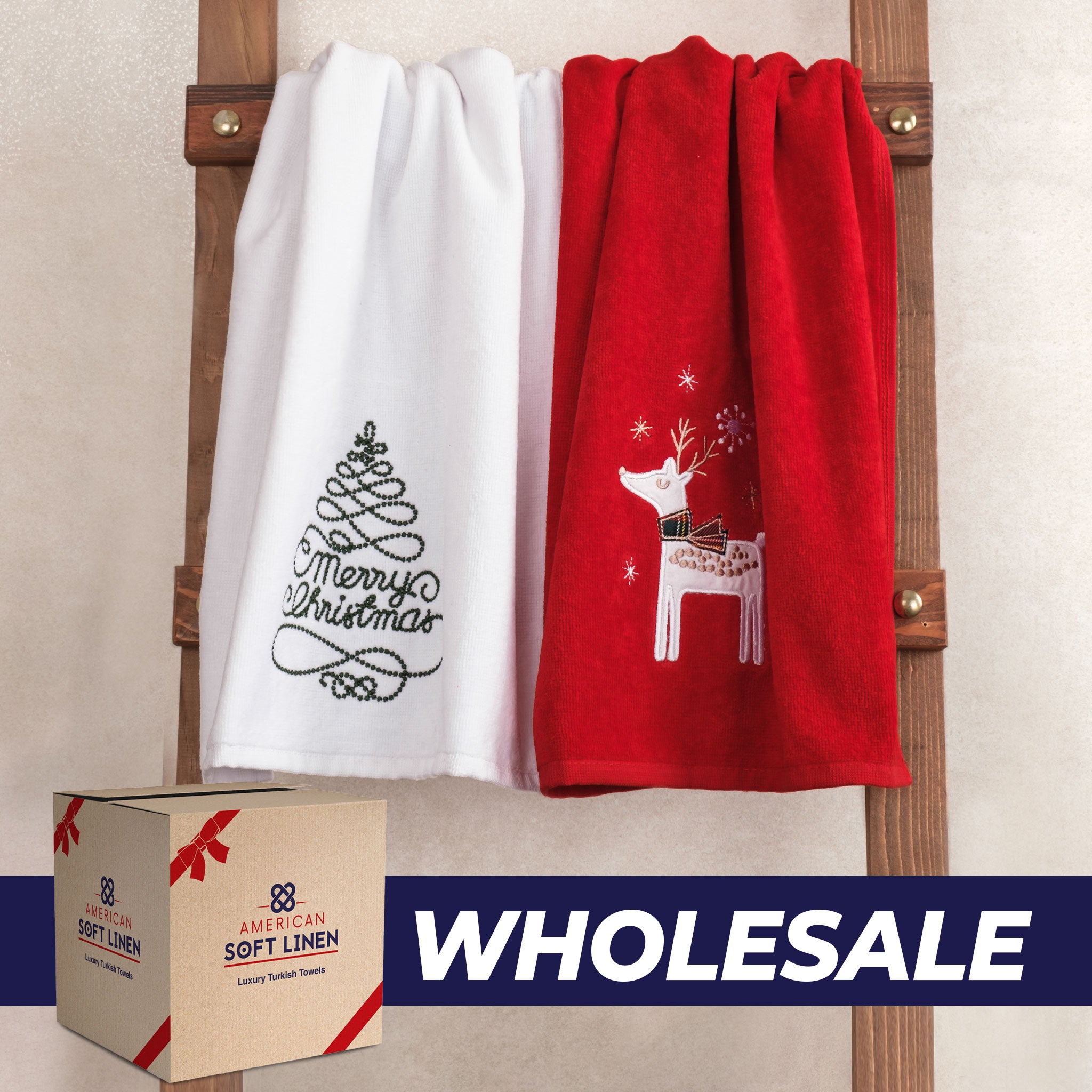 American Soft Linen - Christmas Towels 2  Packed Embroidered Towels for Decor Xmas - 60 Set Case Pack - Merry Tree-Deery -  0