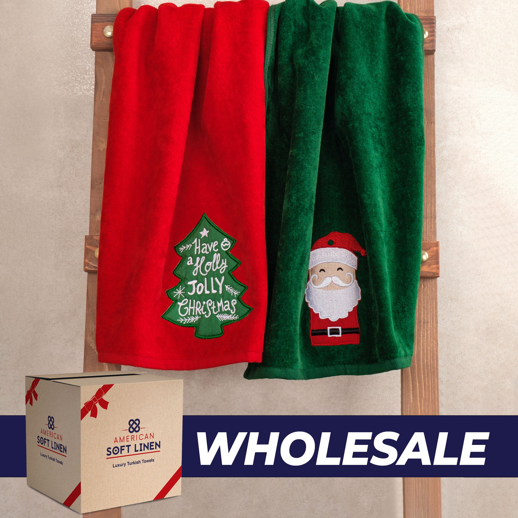 American Soft Linen - Christmas Towels 2  Packed Embroidered Towels for Decor Xmas - 60 Set Case Pack - Santa-tree - 0