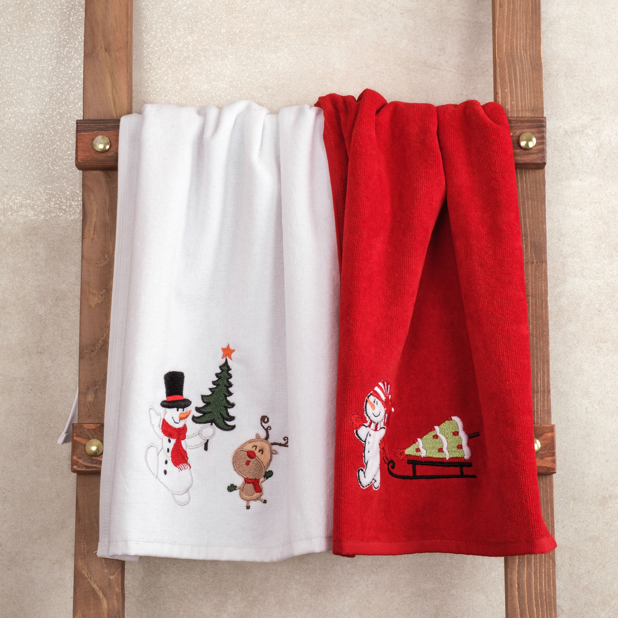 American Soft Linen - Christmas Towels 2  Packed Embroidered Towels for Decor Xmas - 60 Set Case Pack - Snowmen - 1
