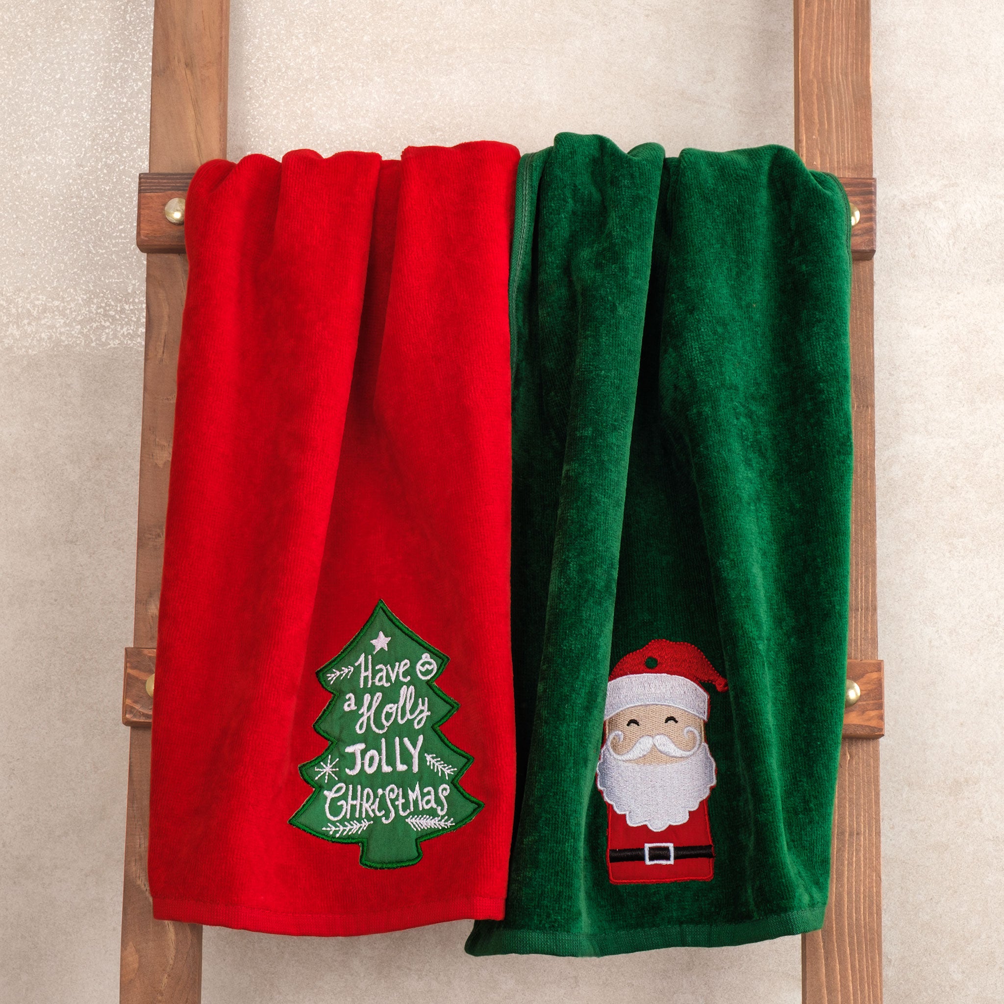 American Soft Linen Christmas Towels Bathroom Set, 2 Packed Embroidered Decorative 100% Cotton Hand Towels, Dish Towels for Decor Xmas, Santa Tree