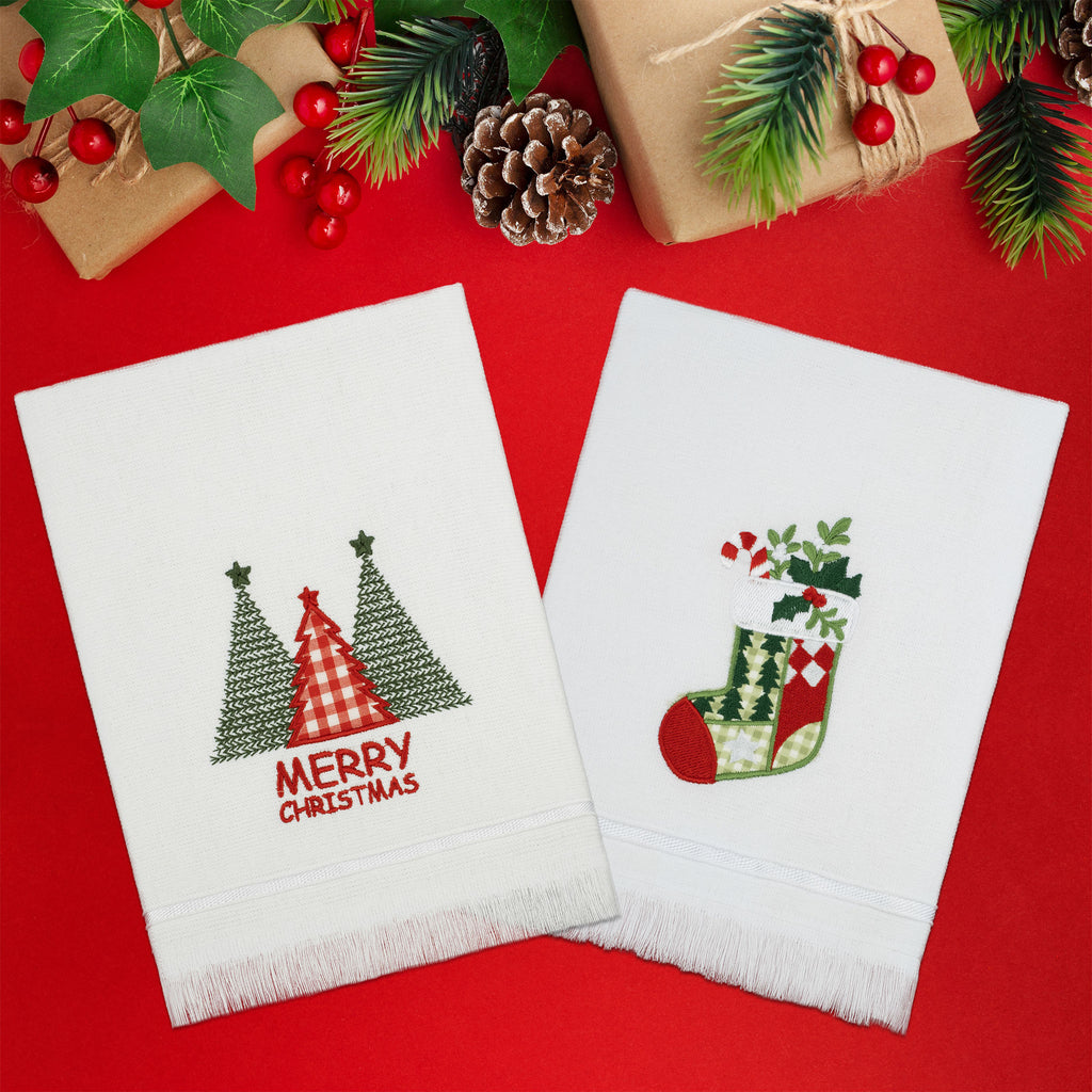 American Soft Linen Christmas Towels Set, 2 Packed Embroidered 100% Cotton Hand Towels, Dish Towels
