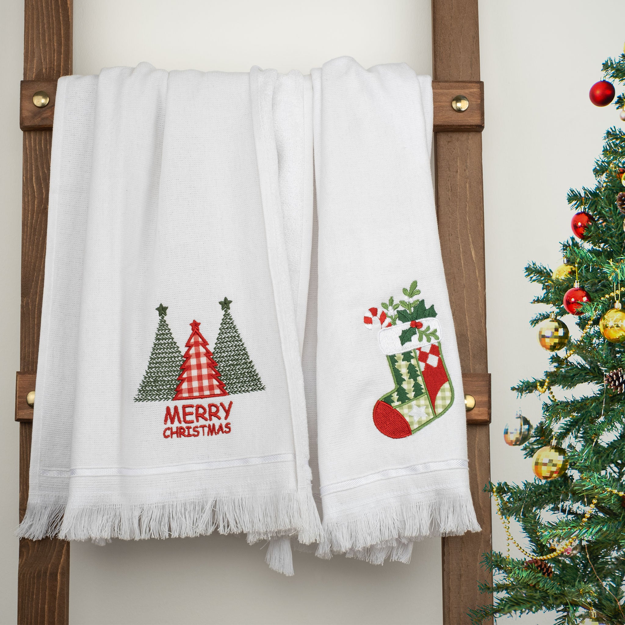 American Soft Linen, Christmas Tree & Socks Emboidered Turkish Cotton White Hand Towel Set, 20x30 inch, Size: 20 x 30