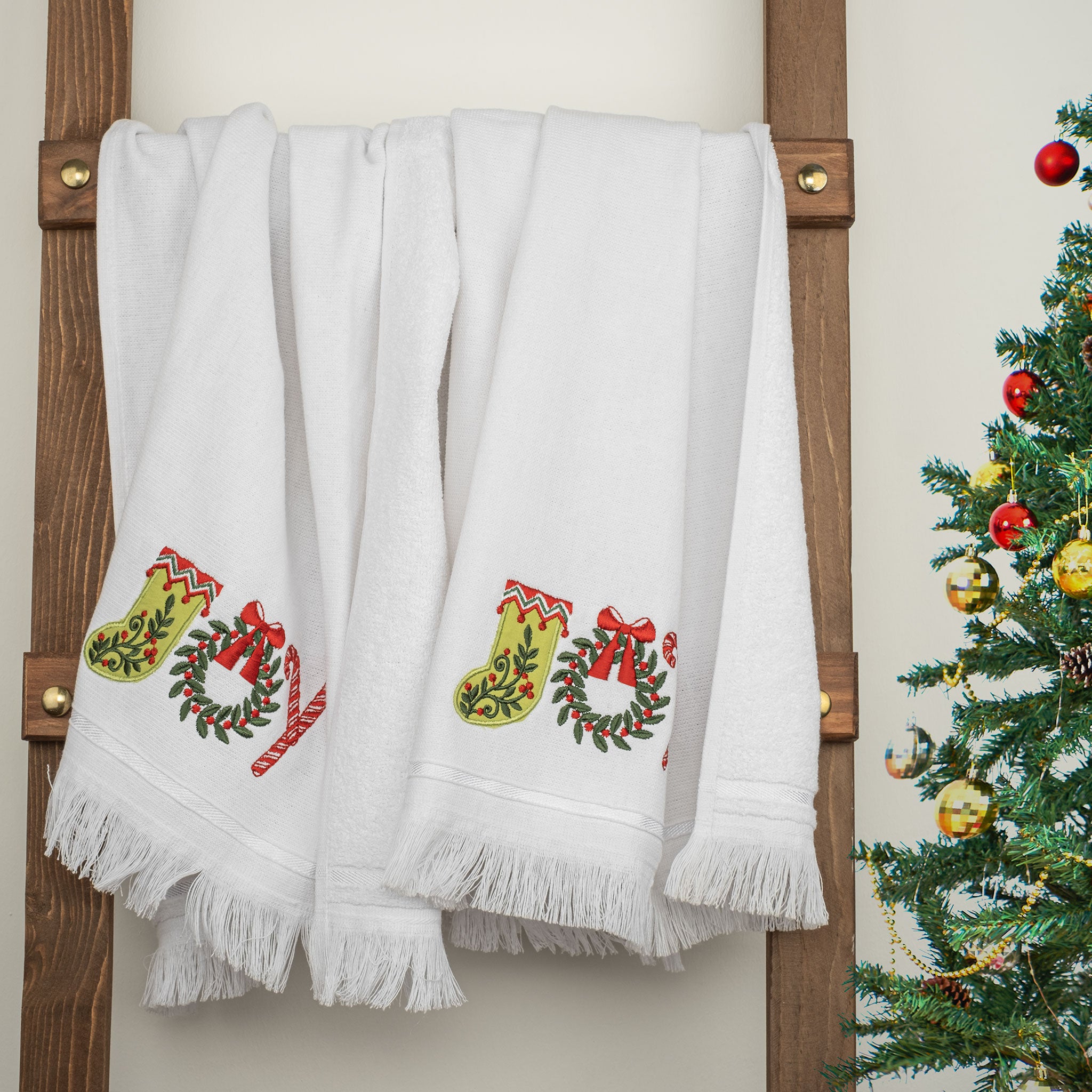  American Soft Linen - Christmas Towels Set 2 Packed Embroidered Turkish Cotton Hand Towels - Joy Lettering - 4