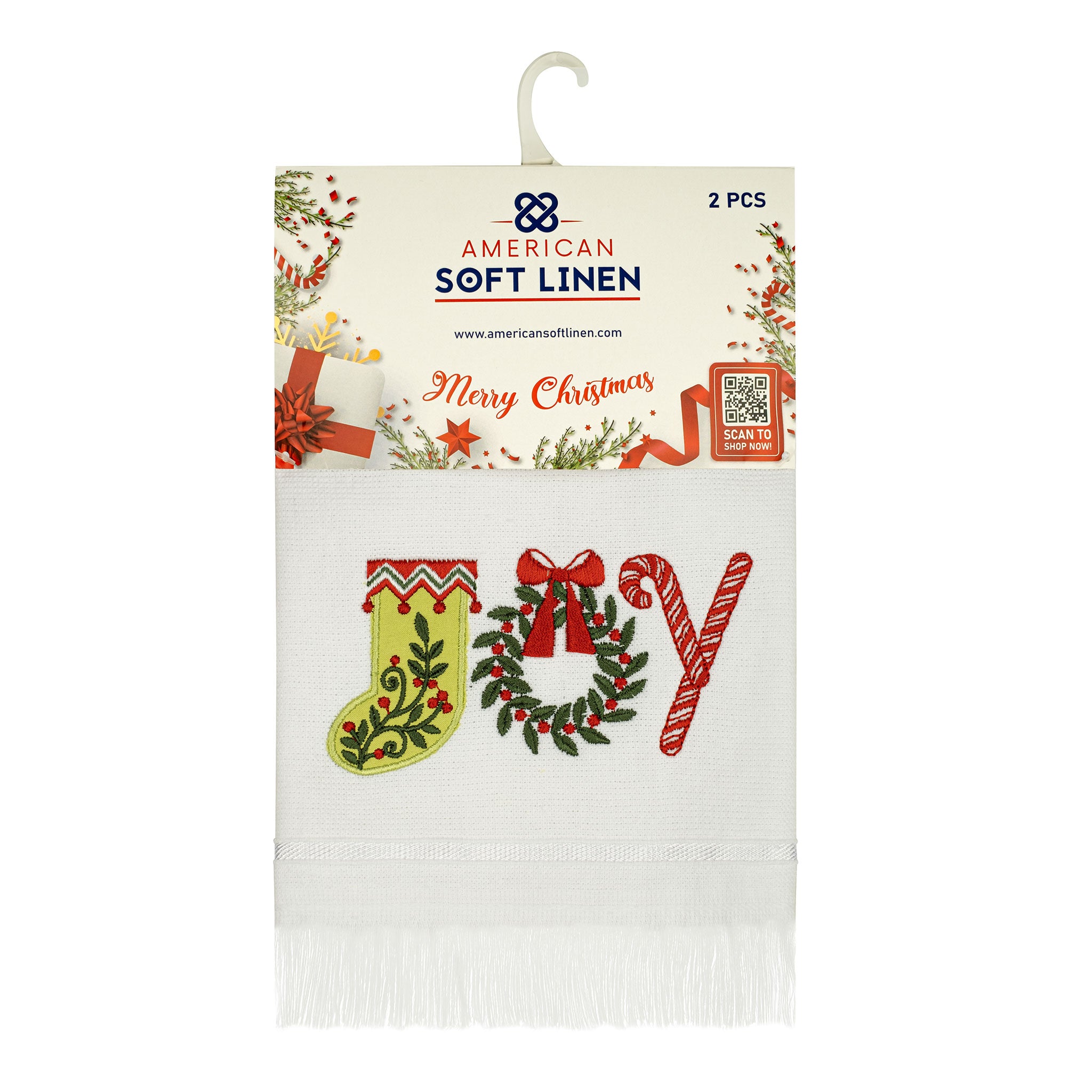  American Soft Linen - Christmas Towels Set 2 Packed Embroidered Turkish Cotton Hand Towels - Joy Lettering - 8