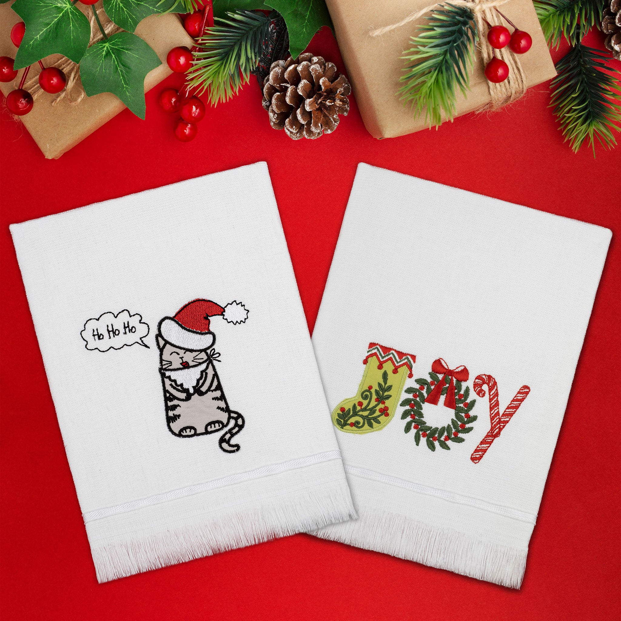  American Soft Linen - Christmas Towels Set 2 Packed Embroidered Turkish Cotton Hand Towels - Joy Cat - 1