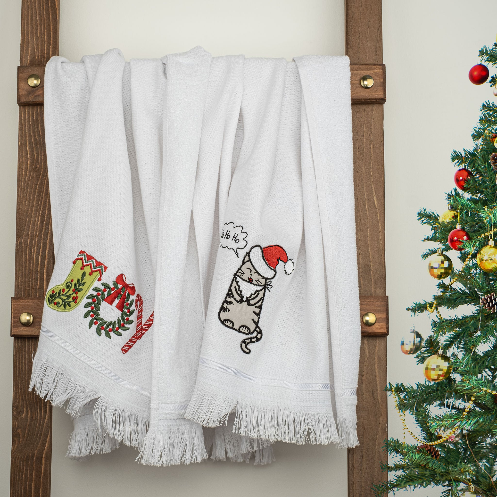  American Soft Linen - Christmas Towels Set 2 Packed Embroidered Turkish Cotton Hand Towels - Joy Cat - 4