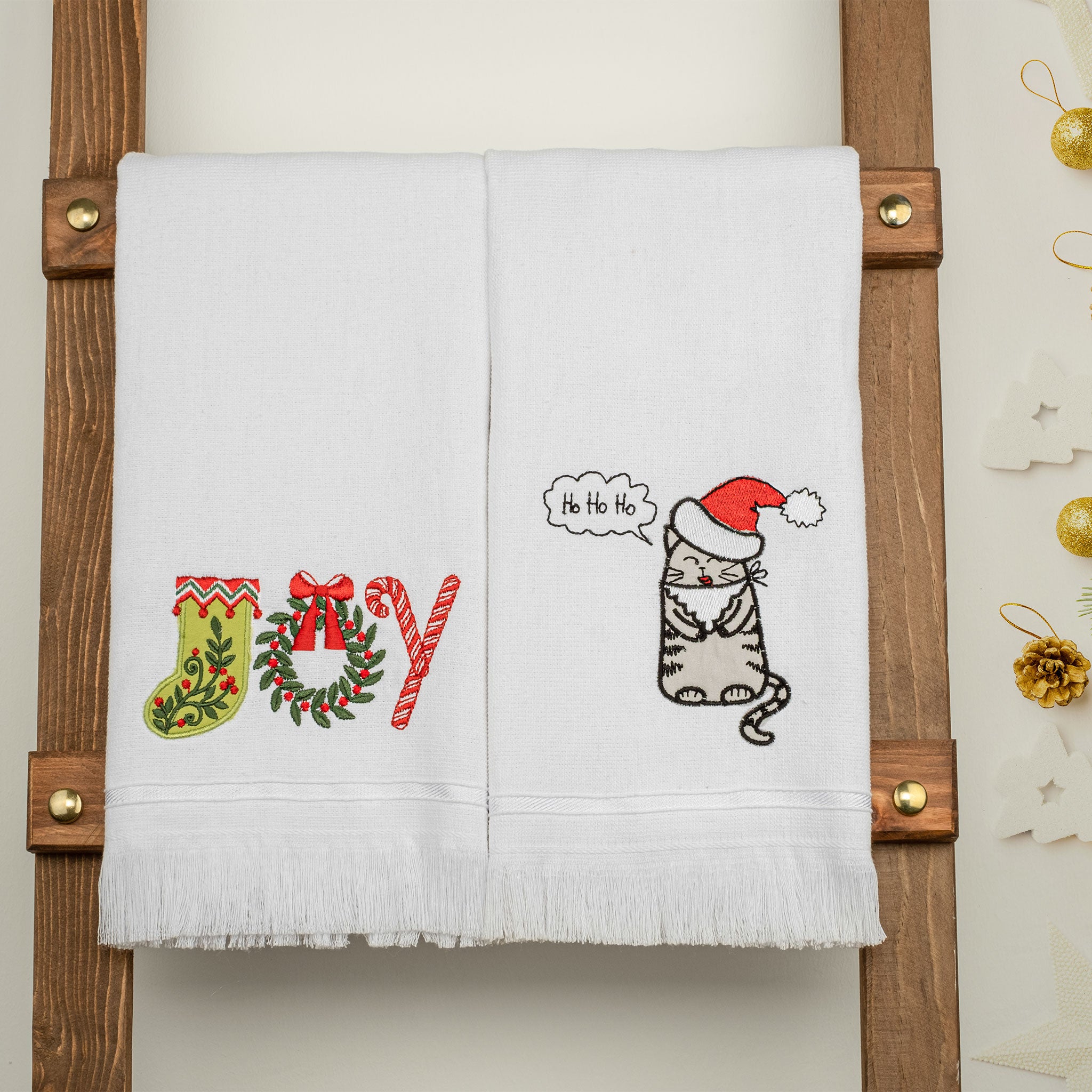  American Soft Linen - Christmas Towels Set 2 Packed Embroidered Turkish Cotton Hand Towels - Joy Cat - 5