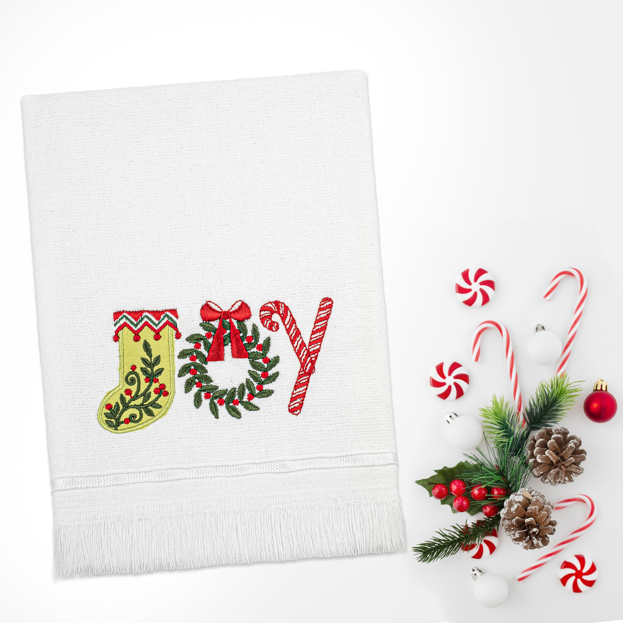 American Soft Linen, Christmas Tree & Socks Emboidered Turkish Cotton White Hand Towel Set, 20x30 inch, Size: 20 x 30