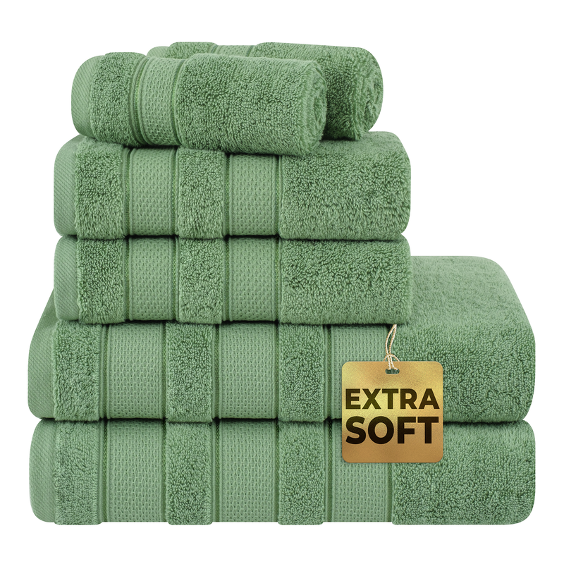American Soft Linen - Salem 6 Piece Turkish Combed Cotton Luxury Bath Towel Set - 10 Set Case Pack - Sage-Green - 1